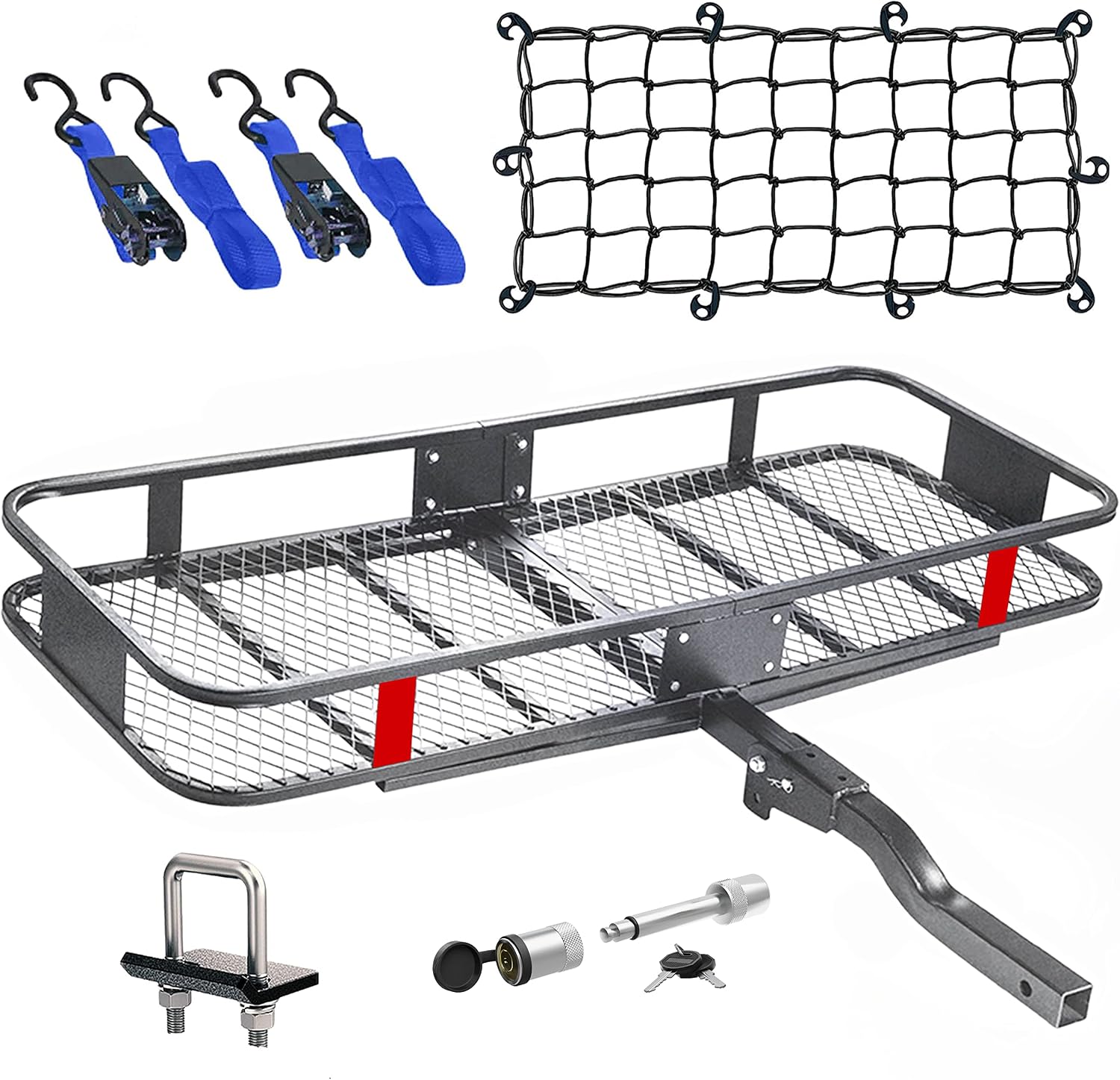 Mockins 500LB Capacity 60x20x6 Trailer Hitch Cargo Carrier Hitch Rack Folding Cargo Carrier Hitch Mount - Ratchet Straps & Net - Hitch Mount Cargo Carrier Cargo Trailer Tow Hitch Cargo Carrier