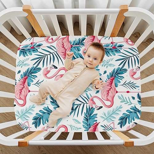 Miniatura 7 de Kigai Fitted Crib Sheet for Boys Girls,Flamingo Palm Jersey Knit Baby Sheet for Standard Crib and Toddler Bed Mattresses, Cozy Soft Breathable, 28 x