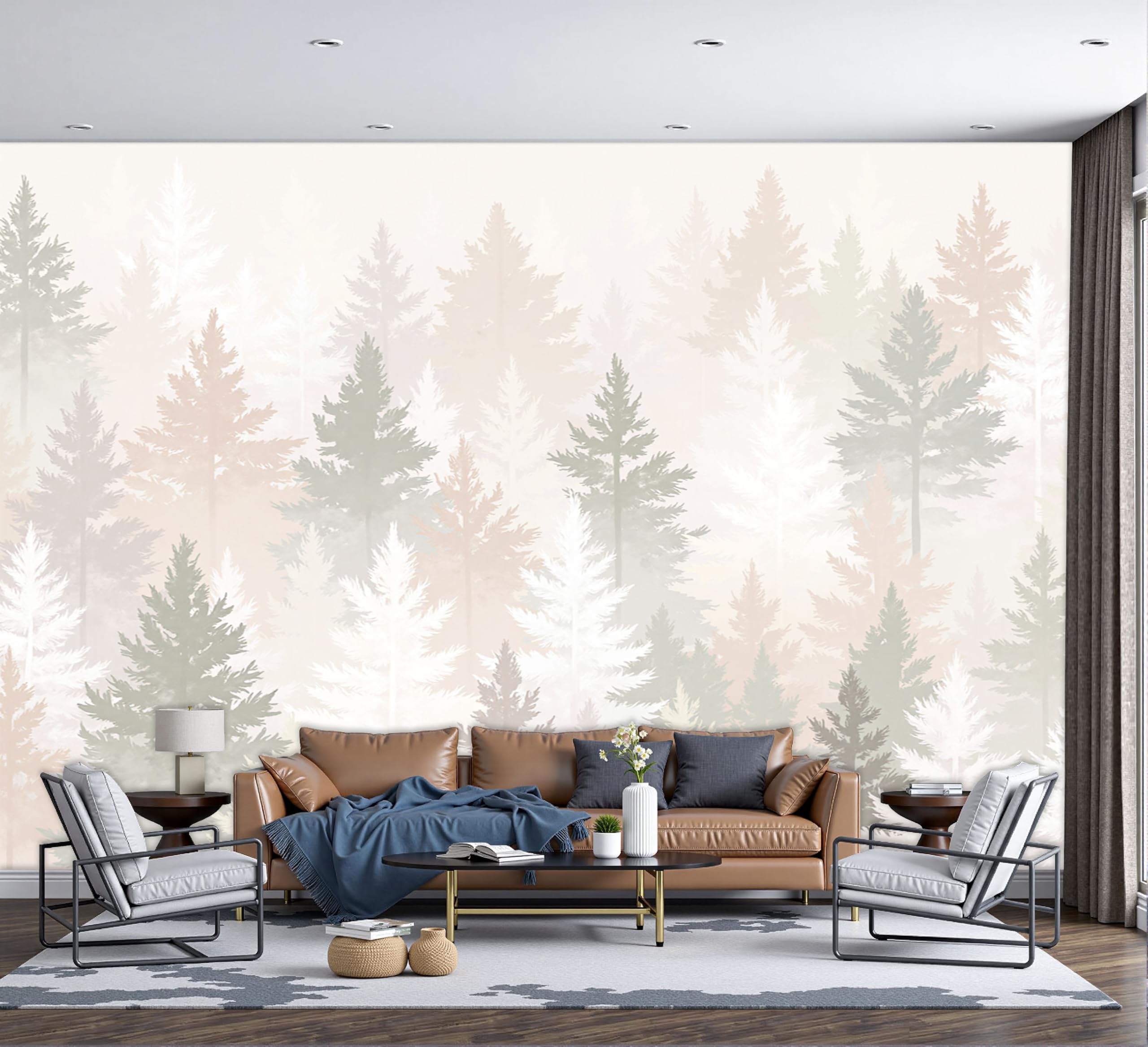 Papier peint forêt de pins brumeux pour chambre d'enfants et salon décoration murale zen