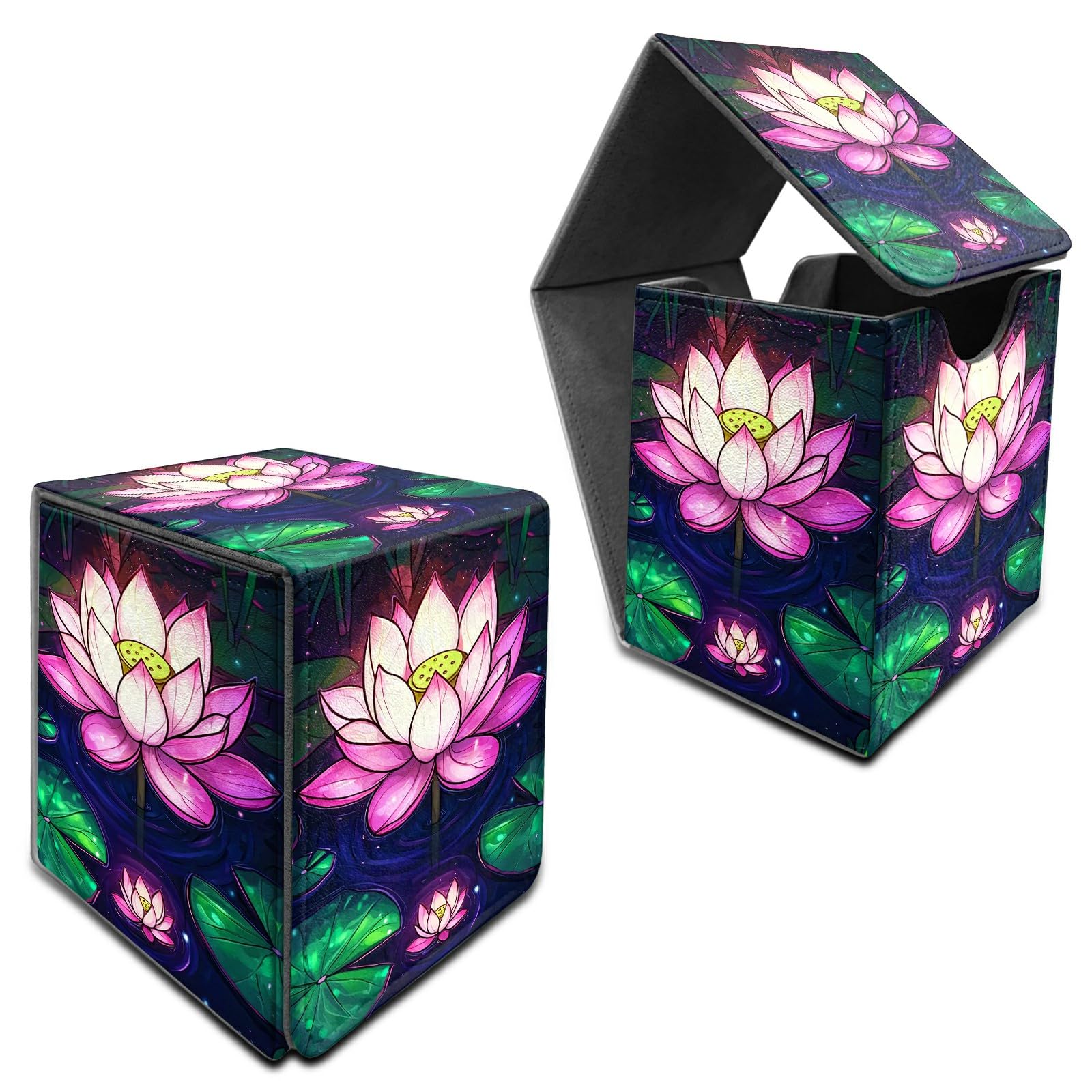 RWUTYTIUL for MTG Commander Deck Box, Card Storage Box Fits 100+ Sleeved Cards, PU Leather Large Size Strong Magnet Card Deck Case Holder for Board Game Magic MTG TCG CCG, Pink Lotus Flower