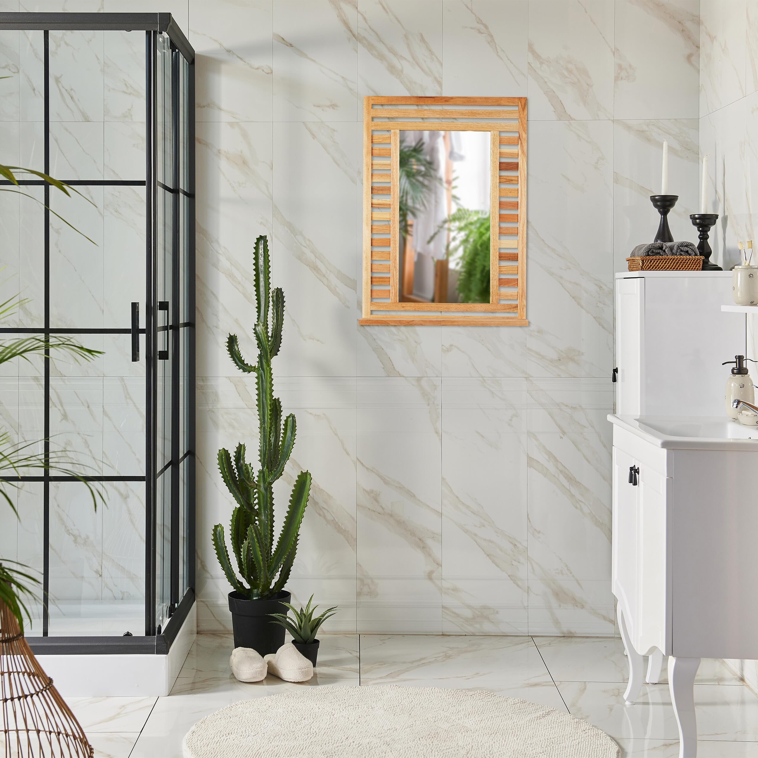 Relaxdays Specchio da Parete da Bagno, Specchiera Rettangolare con Ripiano e Cornice in Legno, 70 x 50 x 12 cm, Marrone