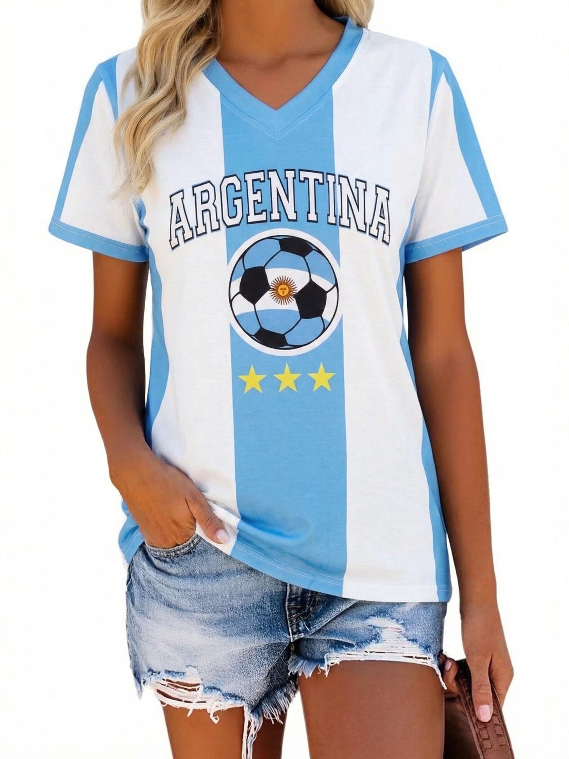 Soccer Cup 2026 Shirt Women Mexico Shirts Brazil Jersey Funny Soccer Graphic Jerseys Y2k V Neck T Shirts, Argentina, M