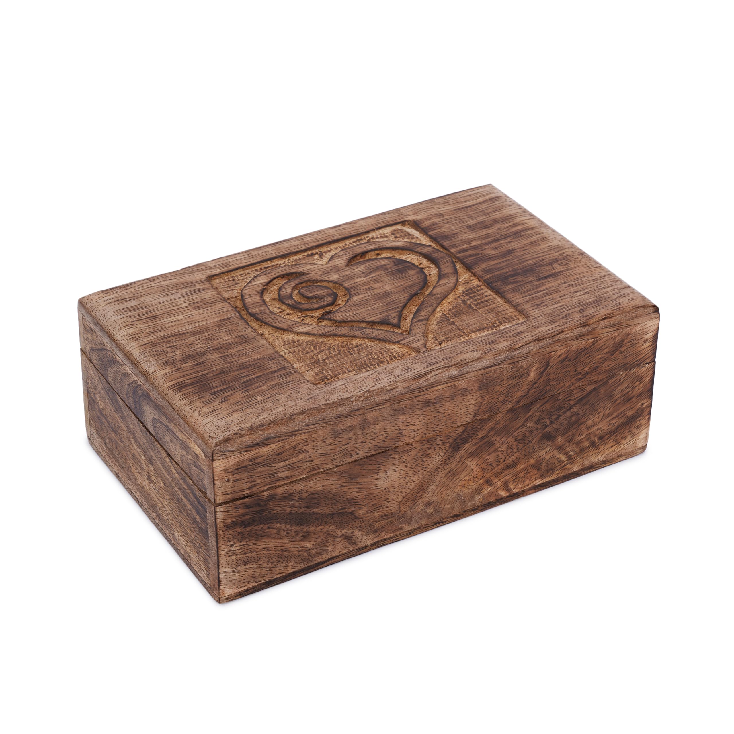 Ajuny Heart Carved Wooden Keepsake Box 10 x 6 Inch Mango Wood Chest