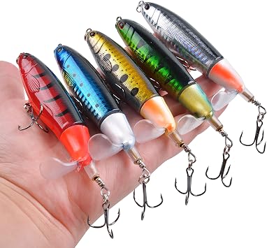 5PCS Fishing Lures Bass Whopper Fishing Lures Kit Plopping Bass Bait Lures with Floating Rotating Tail Pencil Floating Lure for Freshwater Saltwater Catfish Pike Perch