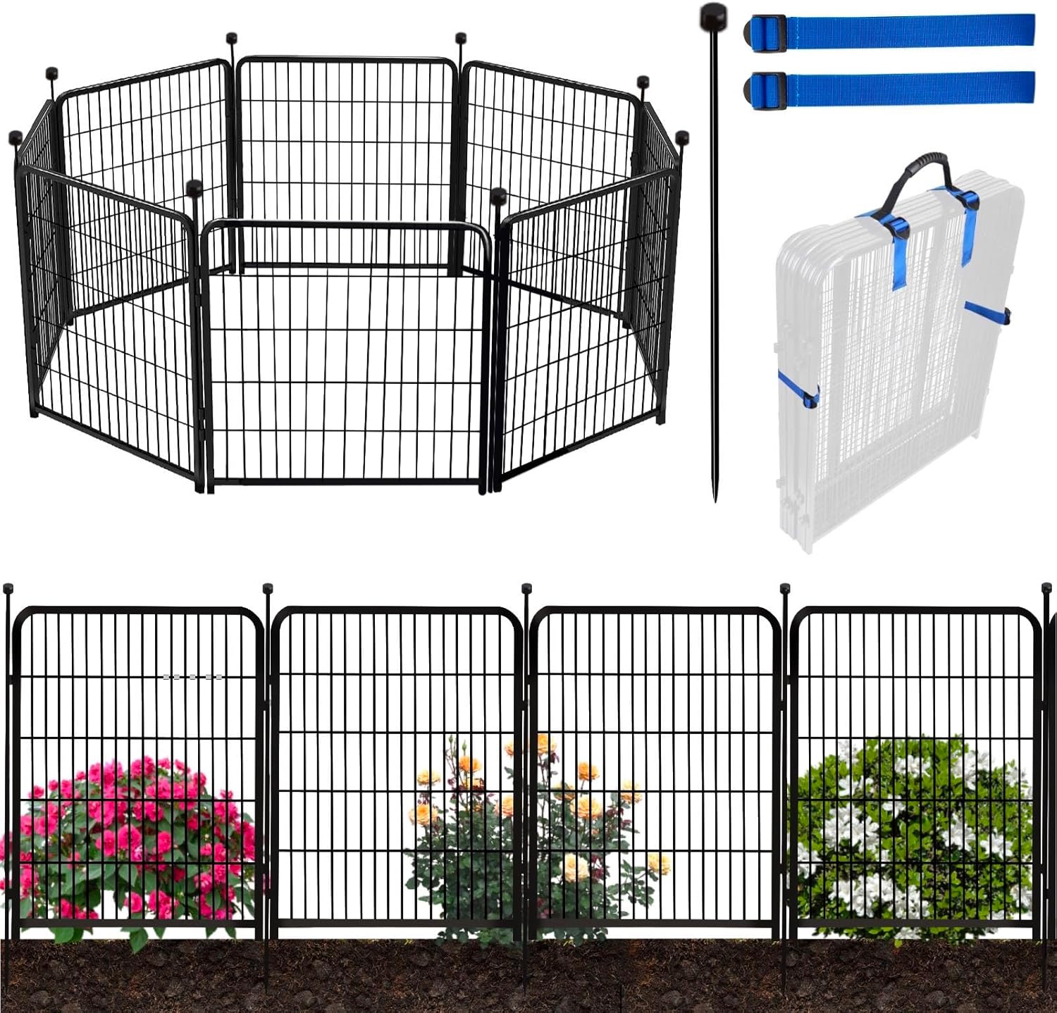 ADAVIN Garden Fencing 24 Inch High, Low Threshold Gate, 8 Panels Total 19.7 Ft(L), Temporary Fences for Dogs Outdoor, Fencing for Garden Beds, Black Metal Decorative Flowers Fence, Rabbit Fence