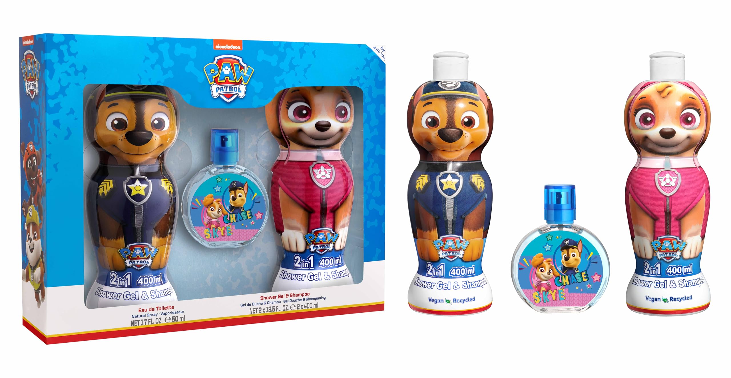 Paw Patrol Kids Gift Set – Vegan & Natural 2-in-1 Shower Gel & Shampoo 400ml (2 Pack) & Chase and Skye Vegan EDT 50ml (Citrus, Spicy & Musky Fragrance)