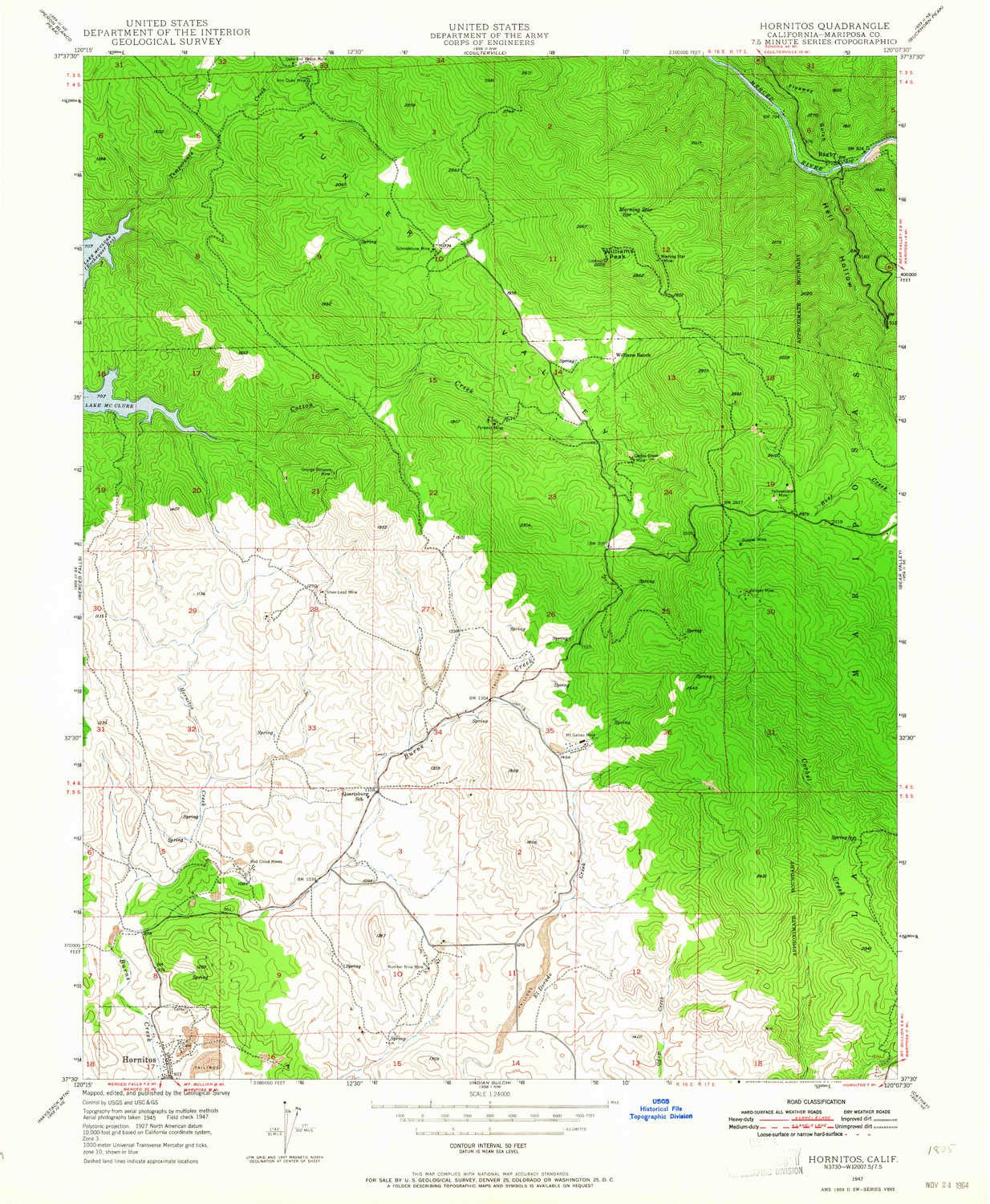 YellowMaps Hornitos CA topo map, 1:24000 Scale, 7.5 X 7.5 Minute, Historical, 1947, Updated 1964, 26.8 x 22 in - Polypropylene