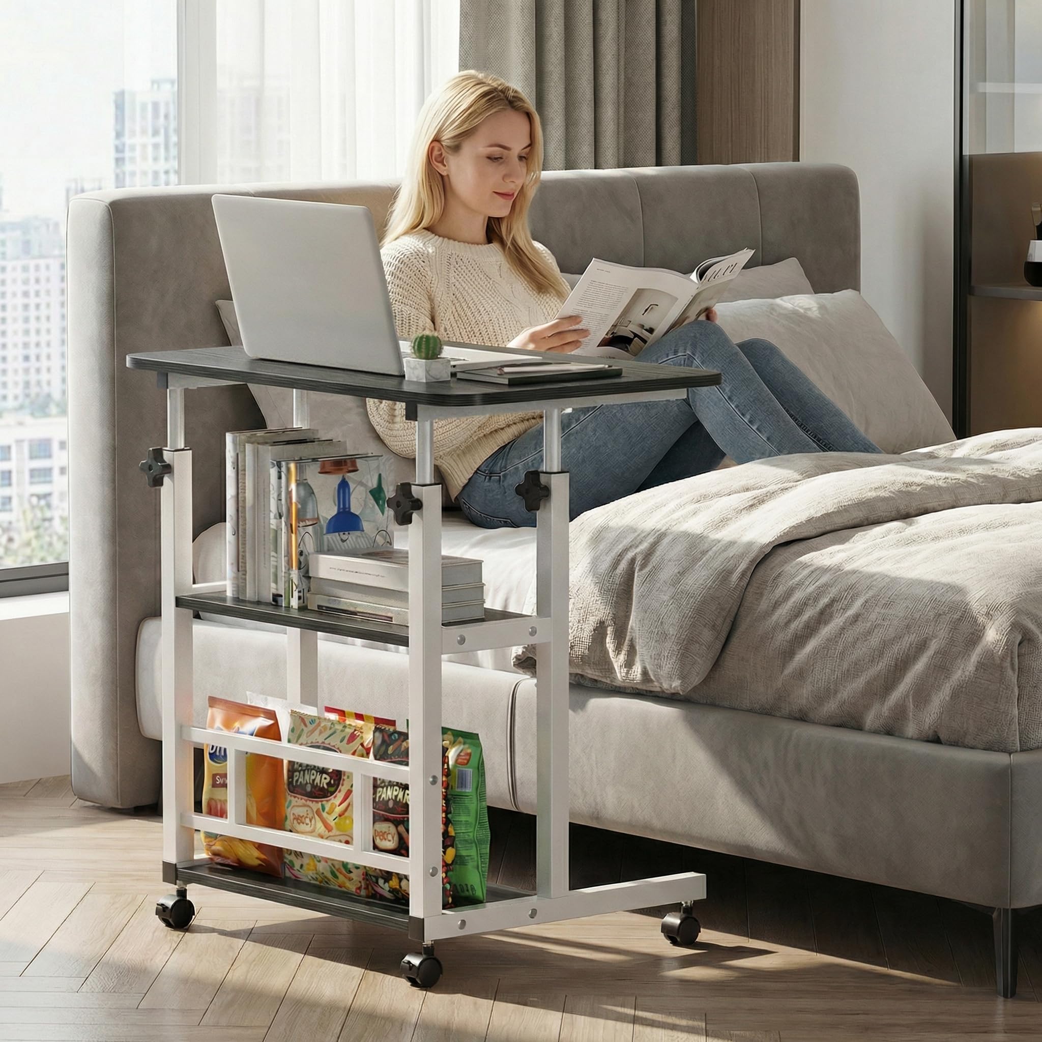 Huracan Bureau Informatique Mobile Réglable en Hauteur 56–82 cm, Table d’Ordinateur 80 x 40 cm avec 3 Niveaux de Rangement, 4 roulettes Verrouillables, Table d’Appoint pour Lit, Canapé – Noir Brossé