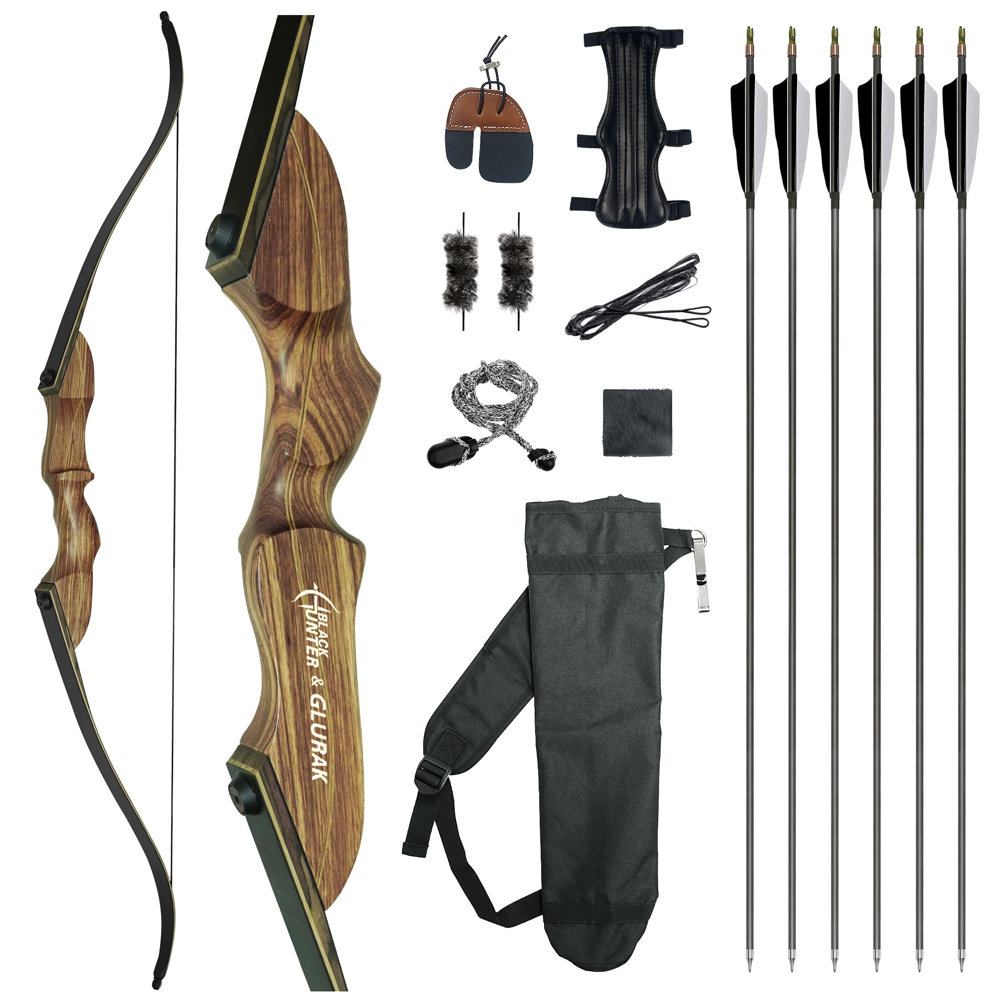 Black Hunter Recurve Bow and Arrow Set, GLURAK 60'' Wooden Takedown Recurve Bows Package, Archery Bow Kit for Target Practice and Hunting, Right Hand, 40LB