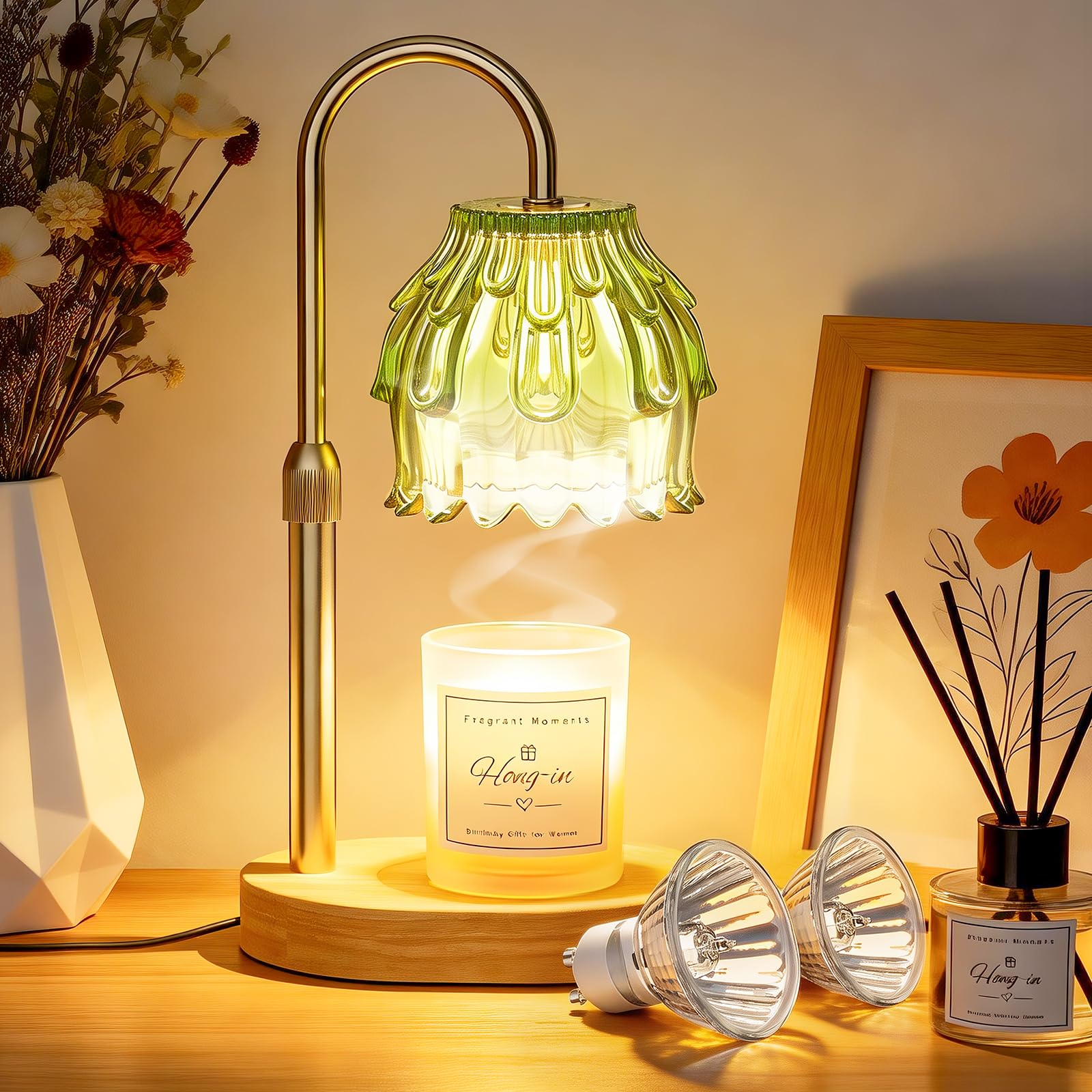 Candle Warmer Lamp with Timer, Candle Heater Dimmable and Height Adjustable, Electric Wax Melter for Jar Candles, Candles Melting Light Housewarming Gifts for Women Bedroom Holiday Decor (Green)