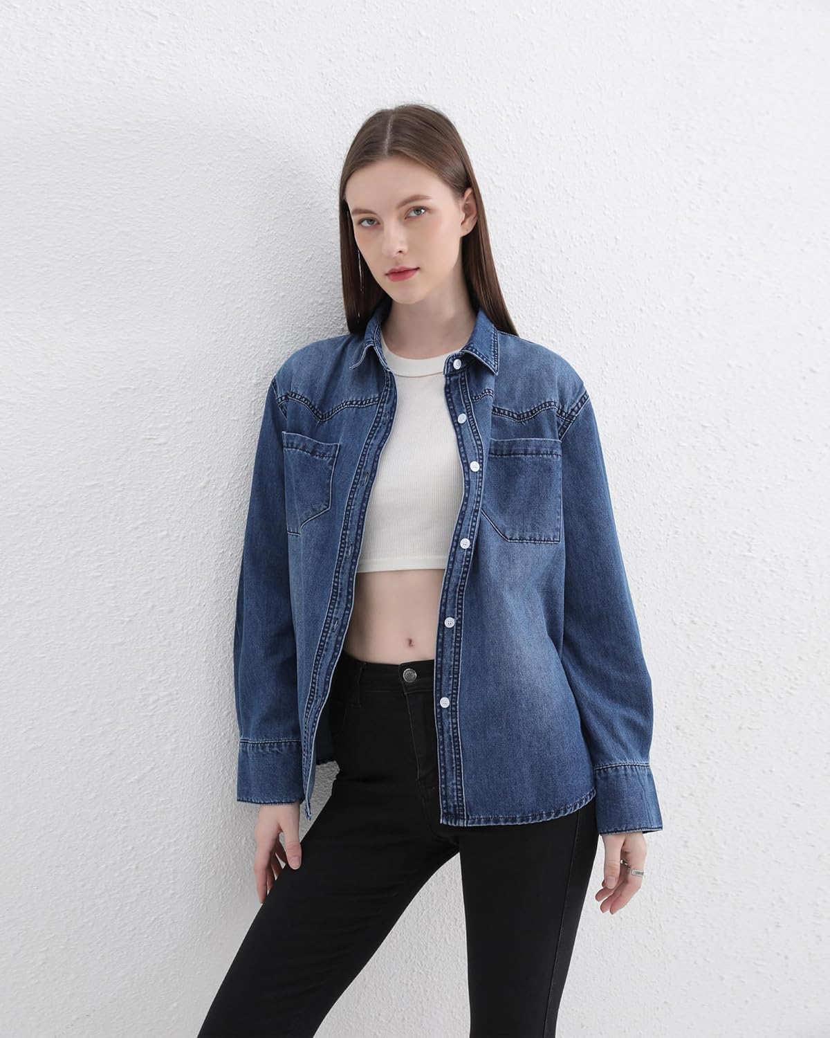 Women's Denim Button Down Shirts Oversized Long Sleeve Double Pocket Jean Shirt - Image 6