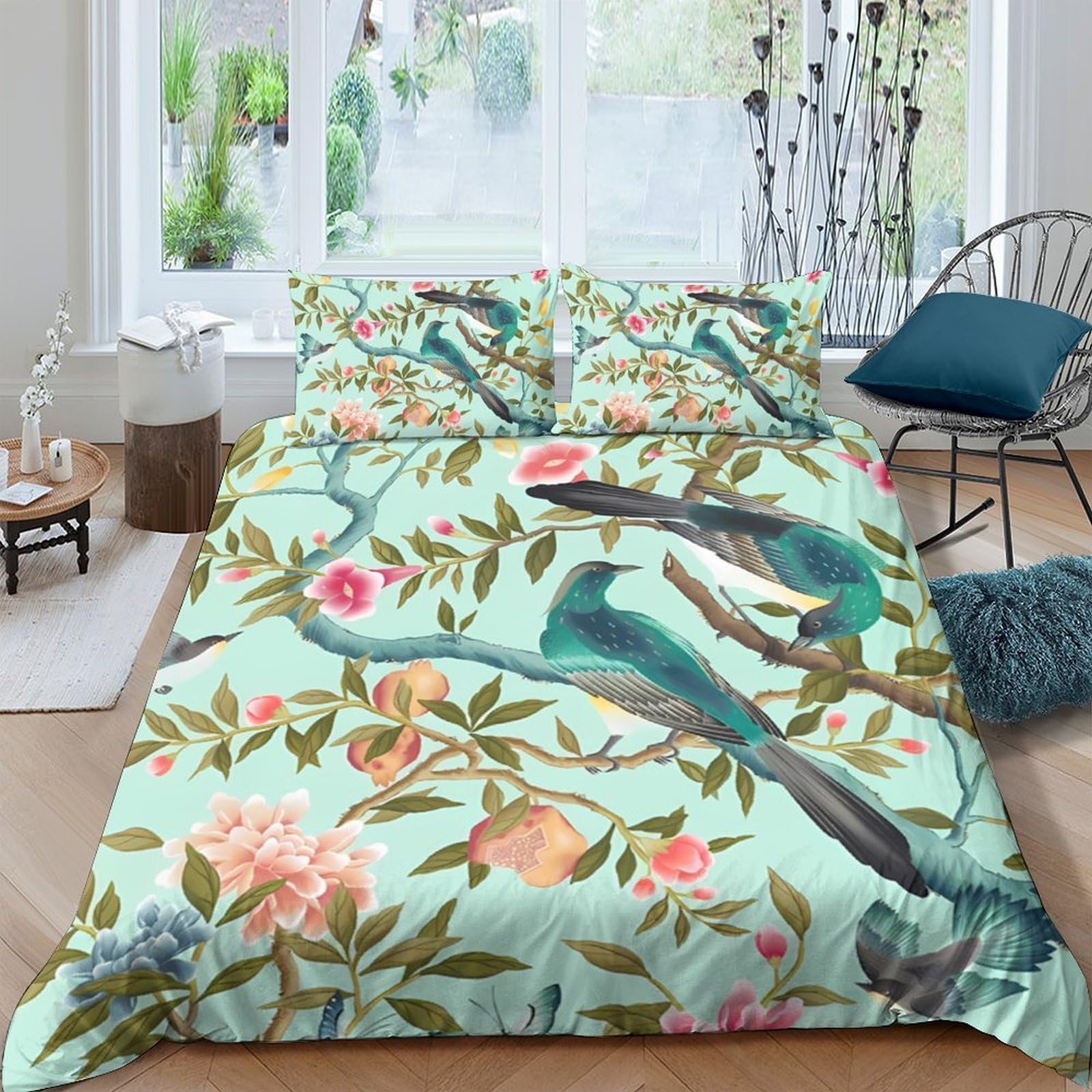 Ctjqhvkz Style-2 3D Printed Botanical Bird Fitted Sheet Microfiber Soft Breathable Floral Tree Bed Cover For Bedroom Guestroom Decor Single（135X200cm）