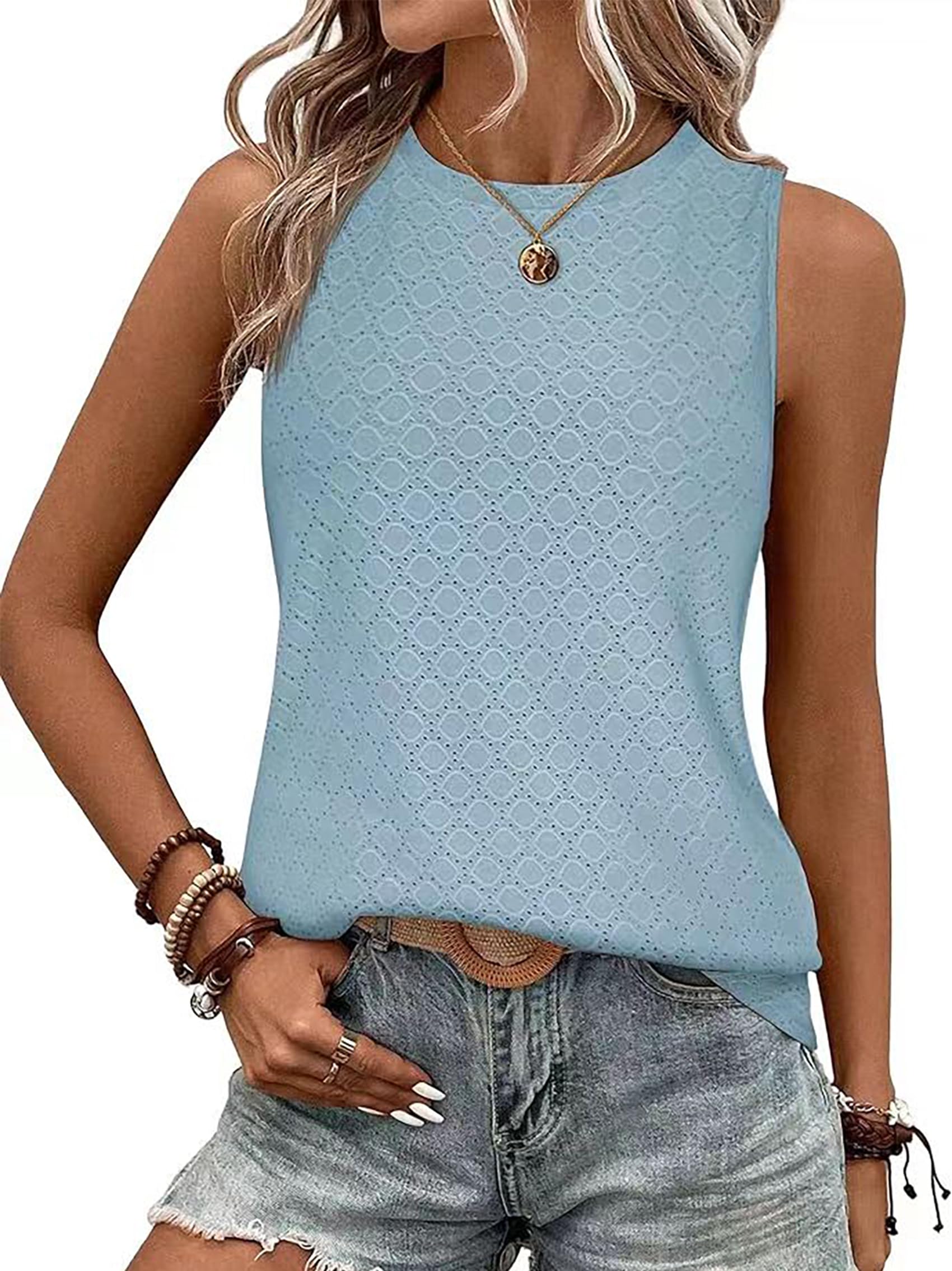BAISHENGGT Damen Tank Tops Sommer Rundhals Ärmellos Ausgehöhlt Basic T Shirt Oberteile