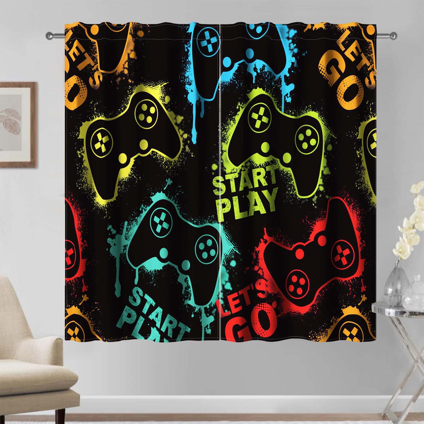 Kzzfqxb 117×138cm Cortinas para Juegos 2 Paneles, Cortinas de Ventana Coloridas con Siluetas abstractas de Videojuegos para niños Adolescentes, Cortinas de Tela para Sala de Estar y Dormitorio