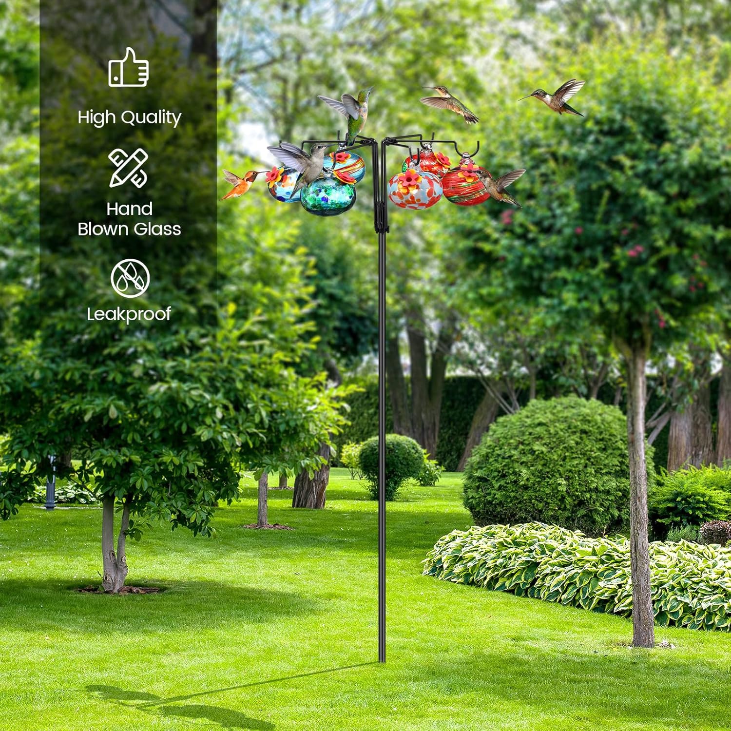 Chunful Hummingbird Feeders for Outdoors Hanging (6 Feeding Stations) Hand Blow Glass Hummingbird Feeder with Shepherd Hook and Adjustable Hight Bird Feeder for Outside, Home Garden Yard, Never Leak