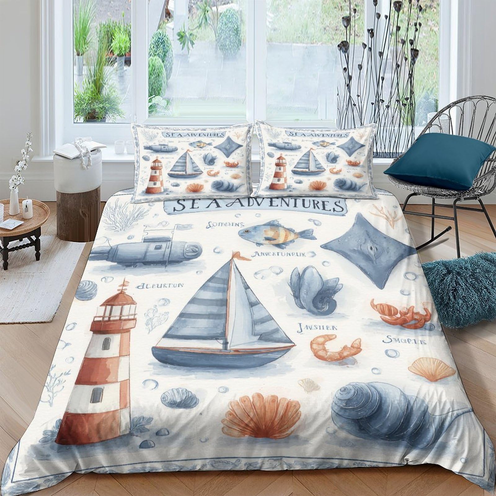 Ctjqhvkz Style-5 3D Printed Nautical Lighthouse Fitted Sheet Microfiber Soft Blue Sailboat Mattress Cover For Bedroom Guest Room Decor Single（135X200cm）