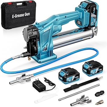 Bluebow Electric Grease Gun Kit, 12,000 PSI Pressure, 5.3 oz/min Flow Rate, 2X 4000 mAh Batteries, 39.4" Flexible Hose, Cordless Grease Gun Built for Farmers, Mechanics & Truckers, Light Weight, Teal