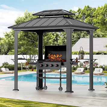 Modern Shade Grill Gazebo 1.9 X 2.5m Hardtop Aluminum BBQ Gazebos with Shelves and Ceiling Hook Grill Canopy Galvanized Steel Roof Outdoor Gazebos for Patio Lawn Backyard Deck