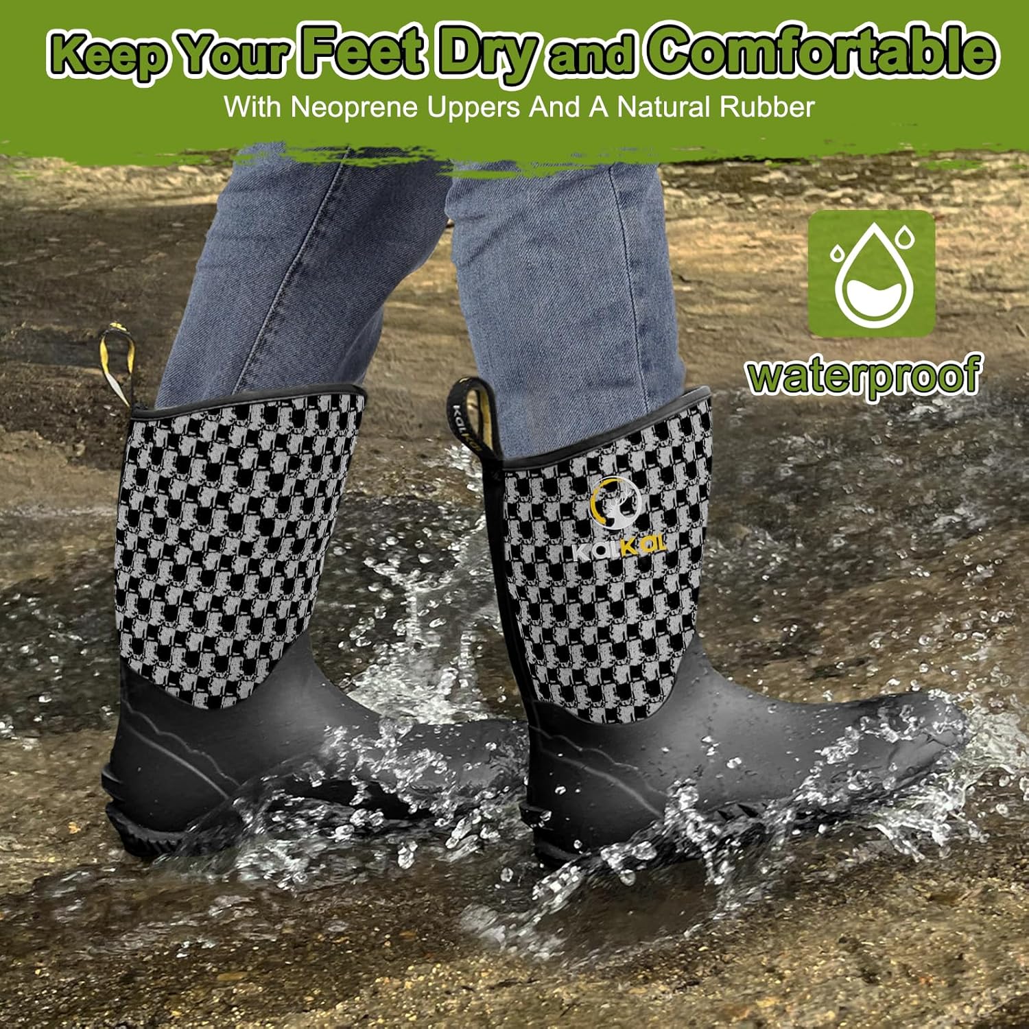 Kalkal Rain Boots for Women, Women's Mud Boots Garden Shoes With Neoprene Rubber, Waterproof Insulated Women Rubber Boots for Gardening Farming and Yard Working