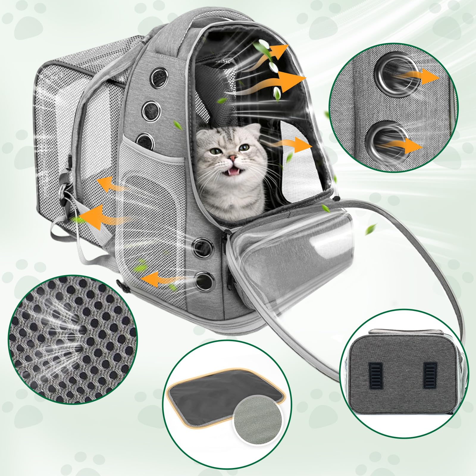 Zaino espandibile per gatti con finestra, adatto per gatti da 3 a 5 kg, con guinzaglio di sicurezza interno e tappetino per animali domestici, per auto, escursioni, grigio, 42 x 32 x 24-57 cm