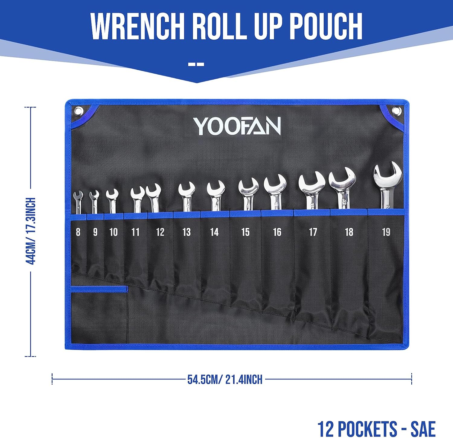 YOOFAN Wrench Roll Up Pouch – Wrench Organizer with 12+1 Pockets, Wrench Bag with Handle, Wrench Holder for Hanging, Blue – Metric
