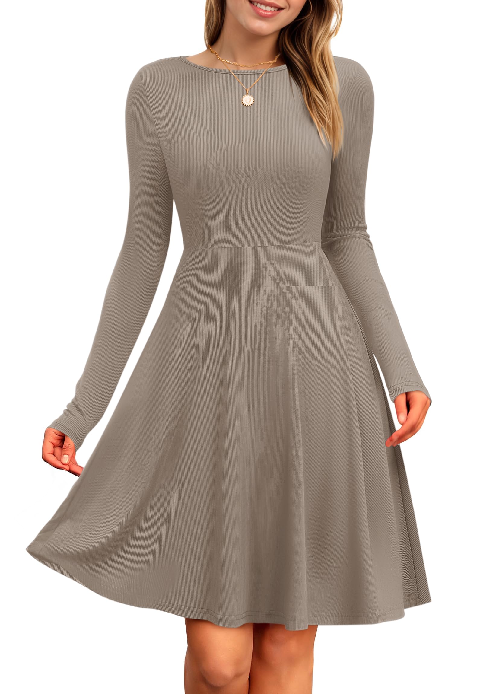 PLOKNRD Damen Strickkleid Herbst Langarm Kleider Elegant A-Linie Rundhalsausschnitt Freizeitkleid Winterkleid