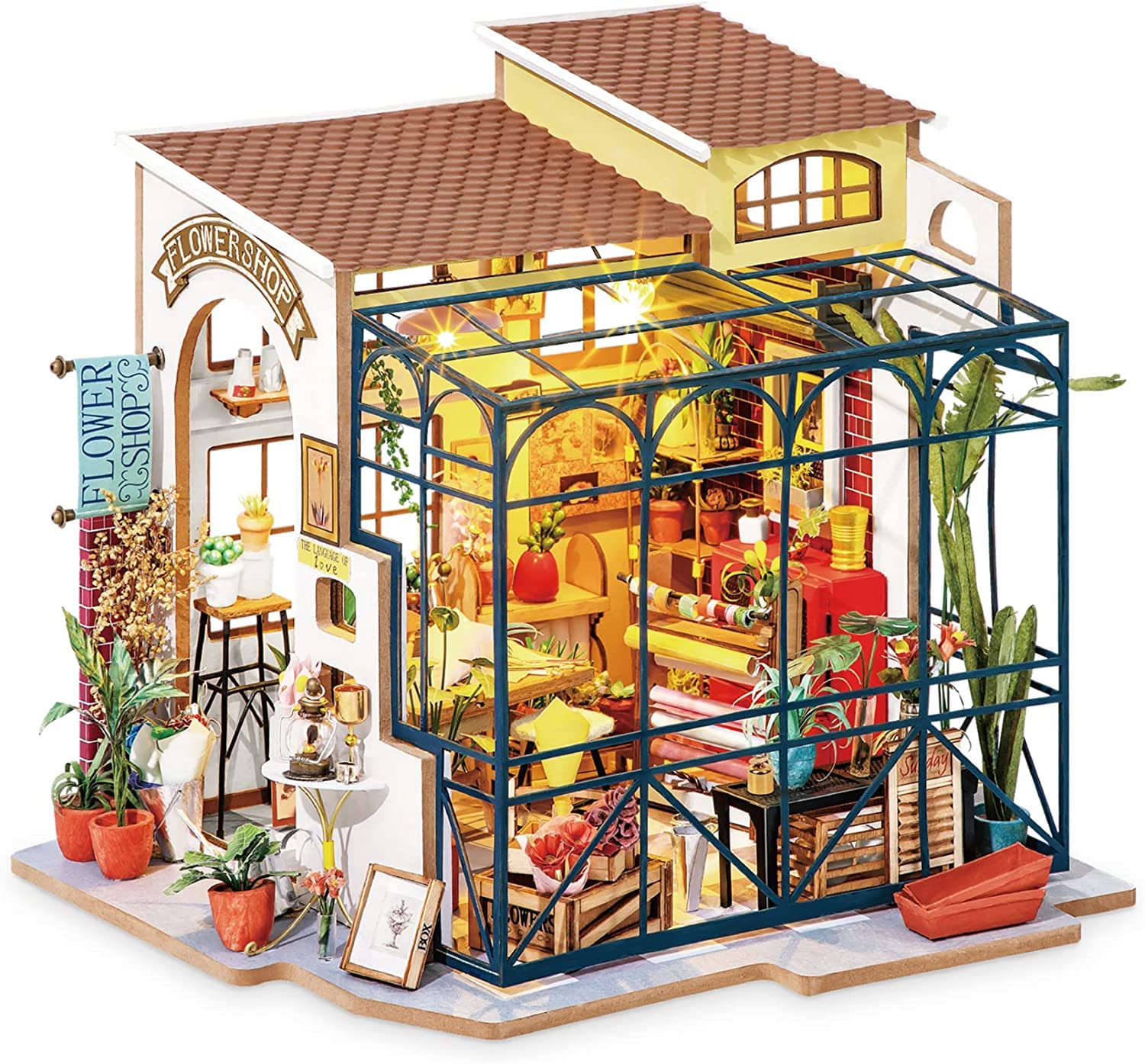 DIY Miniatures Dollhouse Kit, Miniature Greenhouse DIY Craft Kits to Build Tiny House Model with Lights and Removable Model Plants (Emily's Flower Shop)