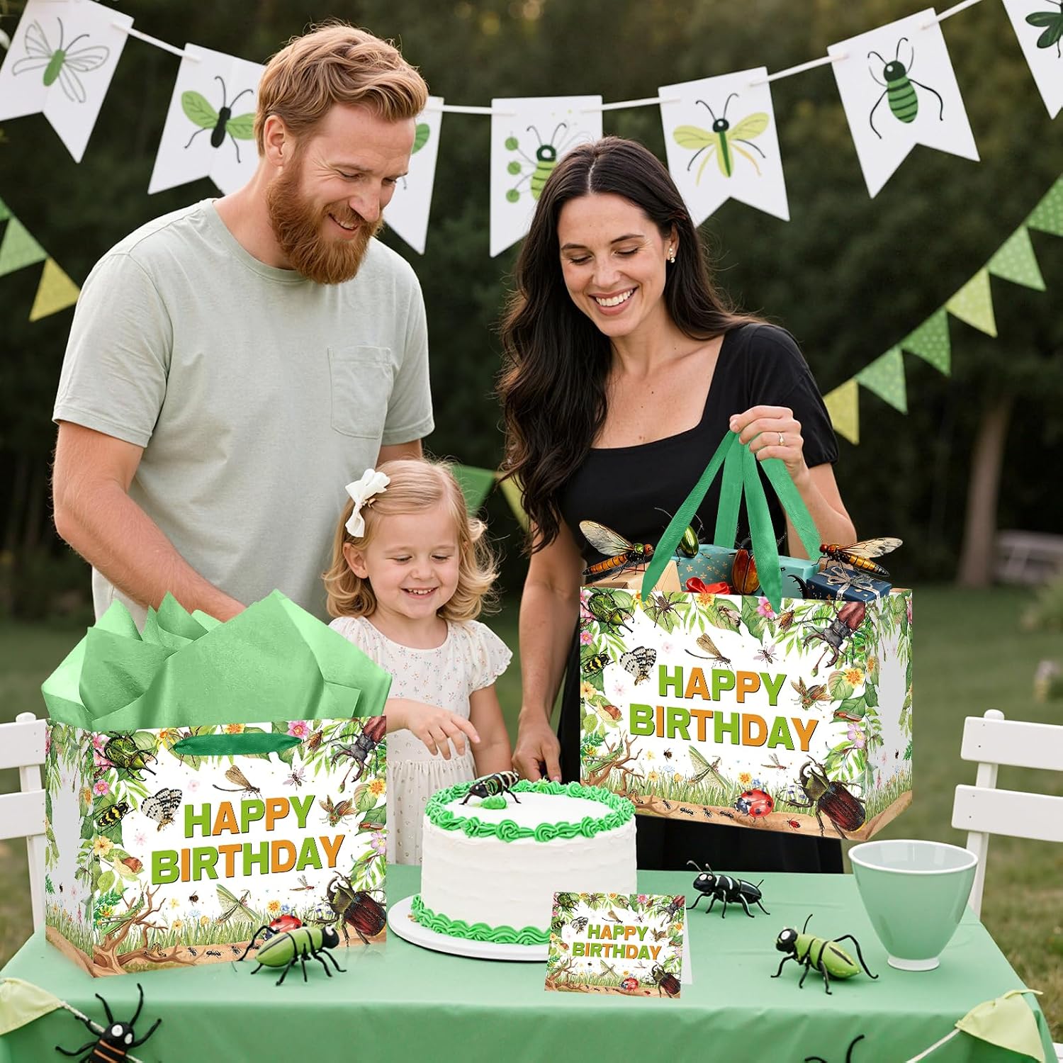 Innovoscape Bugs Birthday Gift Bag with Wrapping Tissue Paper and Card Large Insect Party Favors Green Gift Wrap Bag for Boys Girls Nature Theme Present for Kids Baby Shower Supplies image 2