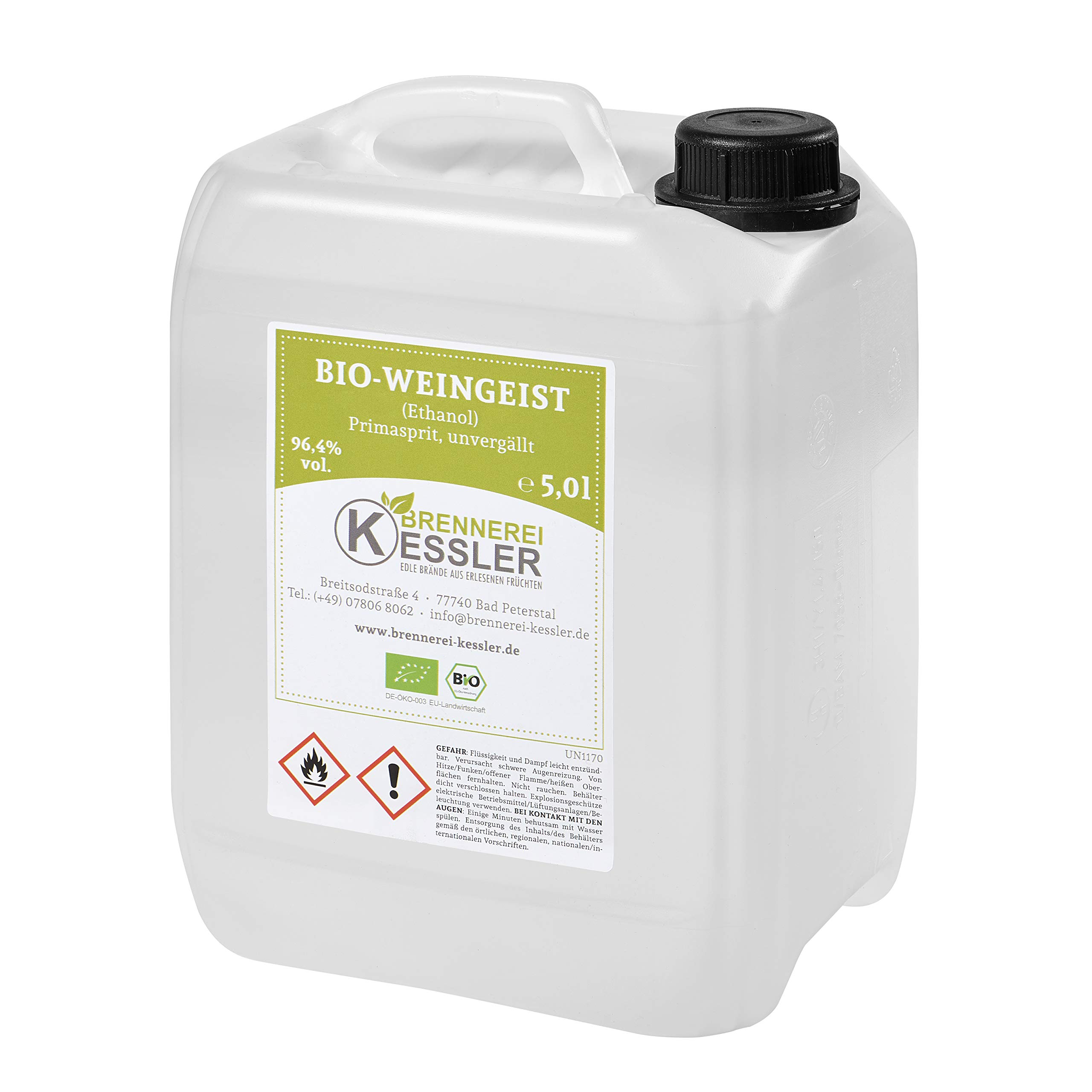 Brennerei Kessler Bio-Weingeist 96,4% vol. – Primasprit 5 Liter | Bio-Trinkalkohol aus ökologischem Getreide zur Herstellung von Likören und Ansätzen – direkt aus der Brennerei