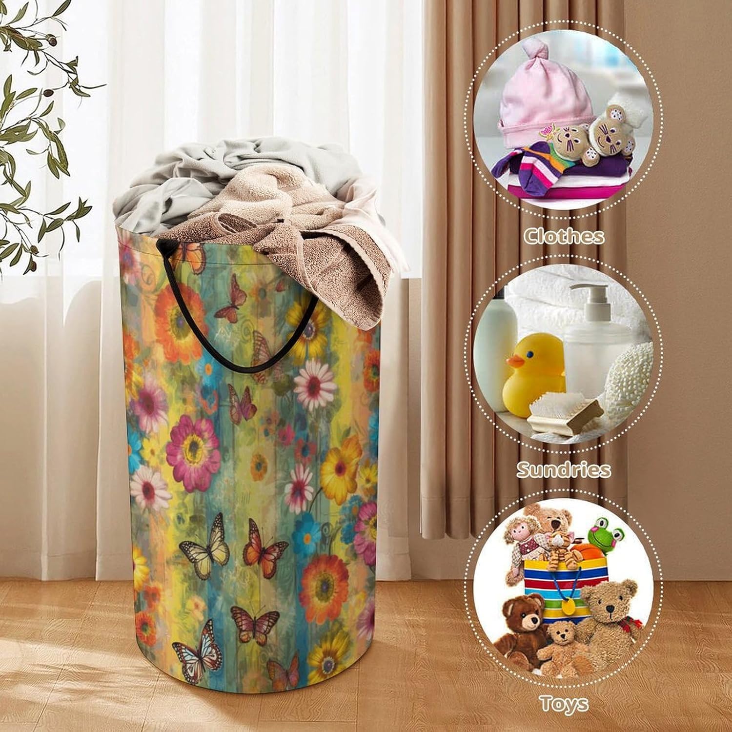 Large Laundry Basket Collapsible Laundry Hamper Waterproof Foldable Washing Bin Clothes Bag Flowers And Butterflies Freestanding Dirty Clothes Hampers for Laundry, Bedroom, Dorm