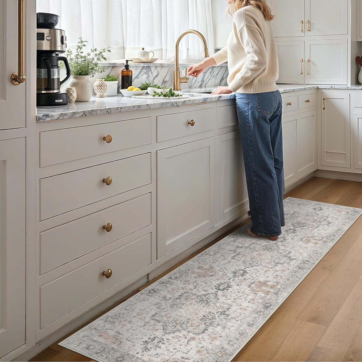 GENIMO Runner Rug 3x7, Non Slip Vintage Hallway Runner Rugs, Low Pile Lightweight Machine Washable Mat for Hallway, Entryway, Bedroom, Kitchen and Corridor, Light Taupe Brown - Image 2