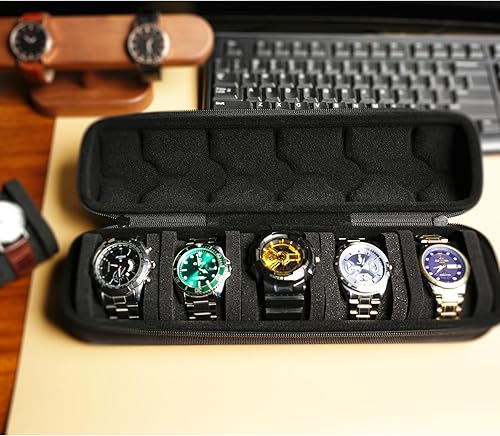 Caja de viaje para reloj con 5 ranuras para hombre, funda rígida de transporte para reloj de pulsera con almohada suave, estuche de organización de