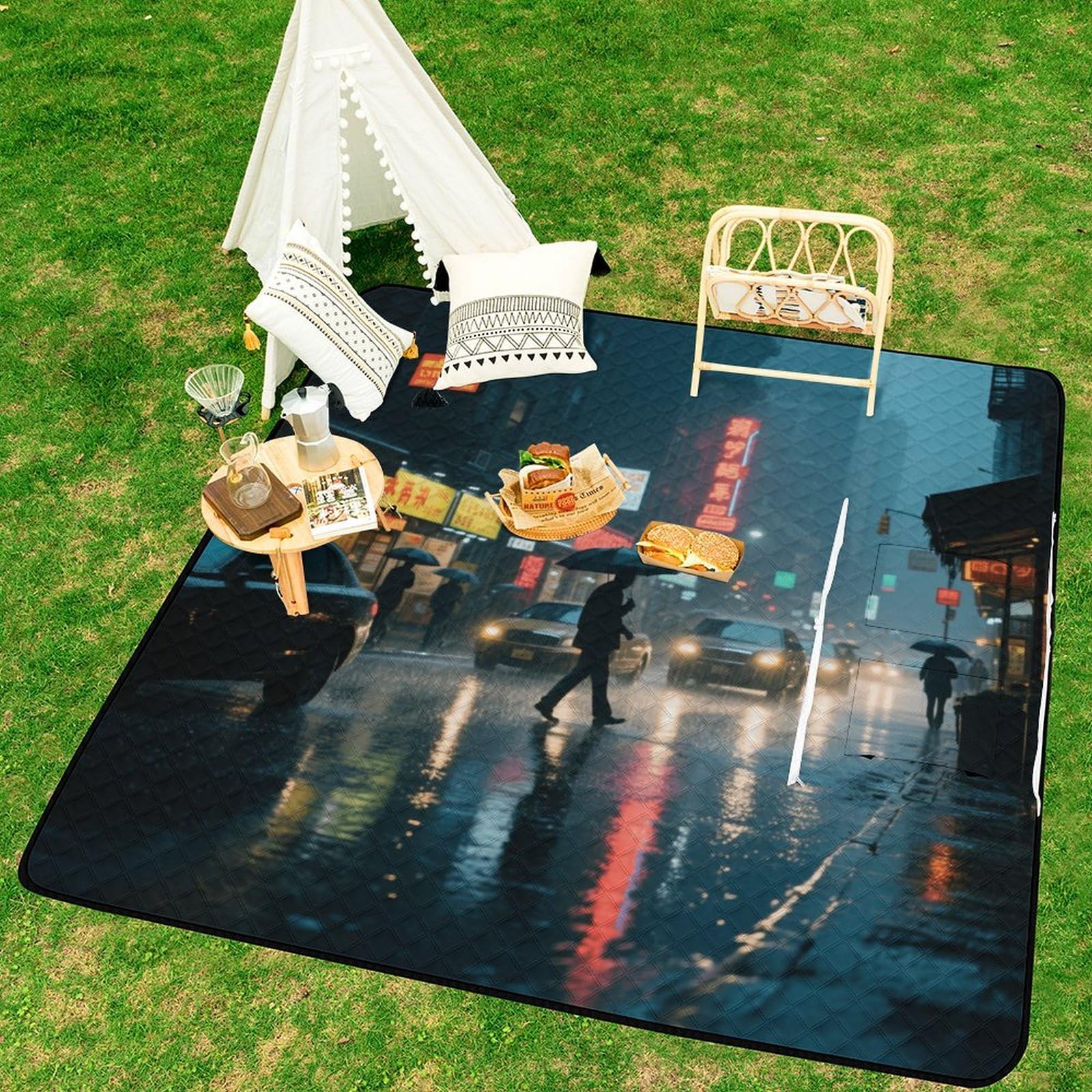 Tappetino da spiaggia con stampa di strade della città sotto la pioggia pesante, portatile, extra large, adatto per viaggi, escursioni, festival musicali, prati, spiagge, picnic all'aperto