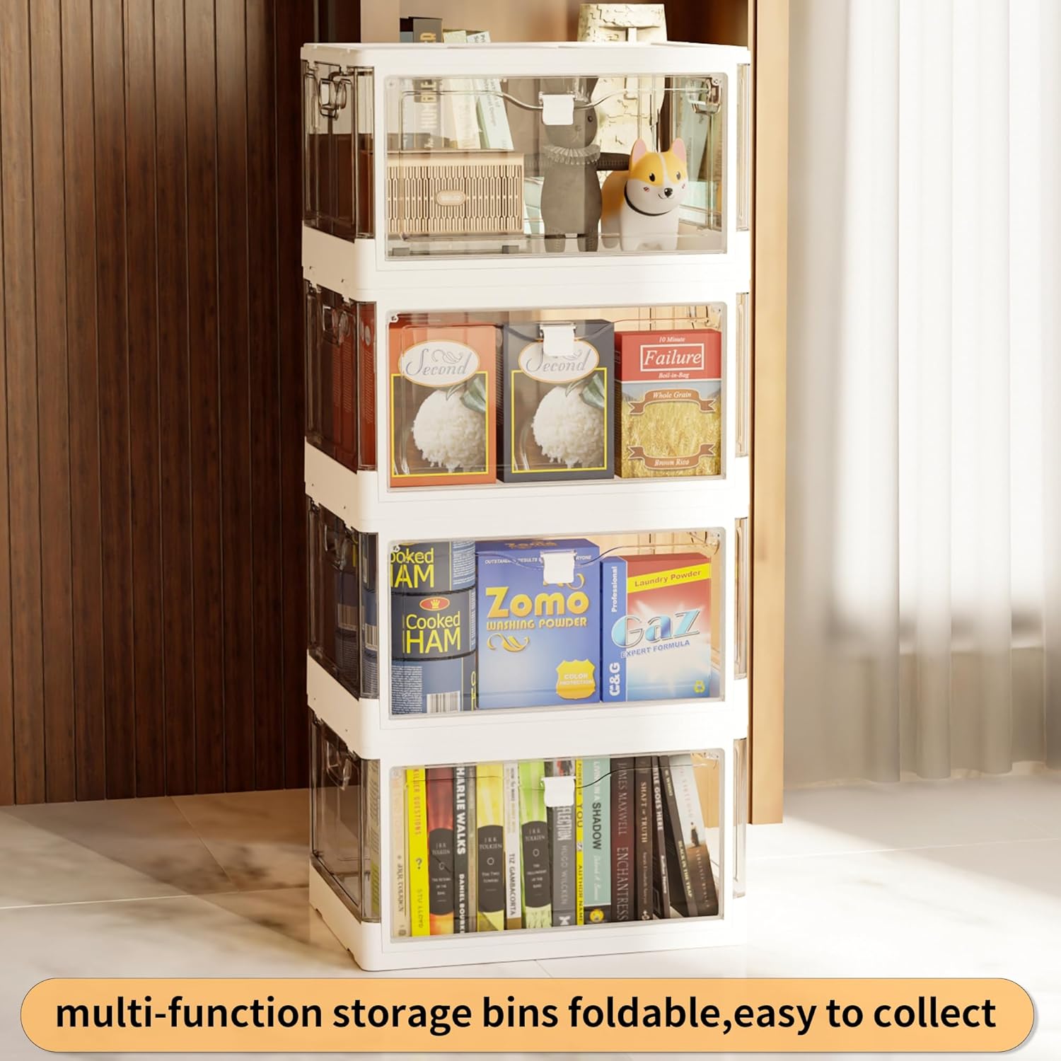 3-Pack 24 QT Clear Stackable Storage Bins with Lids & Magnetic Doors - Open Front Plastic Closet Organizers, Multifunctional Folding Storage for Bedrooms, Living Rooms, Study, and Kids' Toys - Image 2