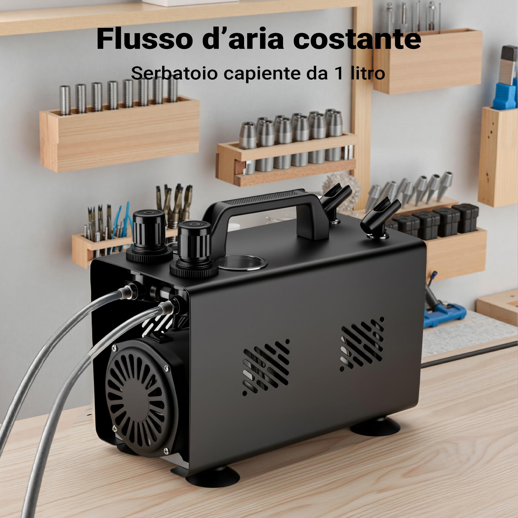 Wiltec Compressore aerografo AS18TA 1/6 CV, compressore ad aria con portata d'aria compressa 20-23 l/min, 2 attacchi per pistola aerografo, manometro, per modellismo, decorazione unghie