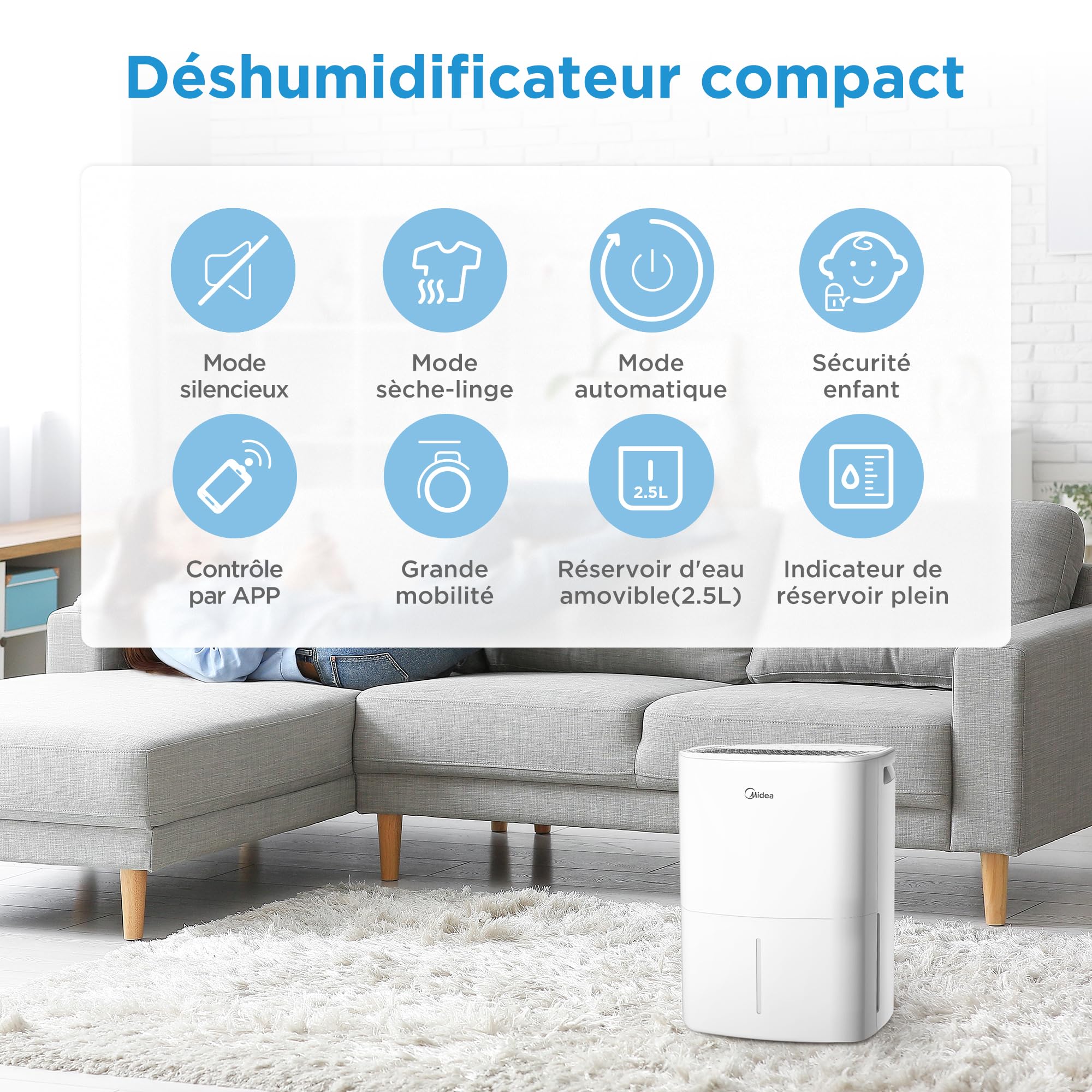 MIDEA Deshumidificateur d air Anti Moisissure 12L - Compresseur Intelligent et APP - Absorbeur d'humidité electrique - Séchage du Linge, Capteur d'humidité Auto et anti-condensation - Idéal pour 35m²