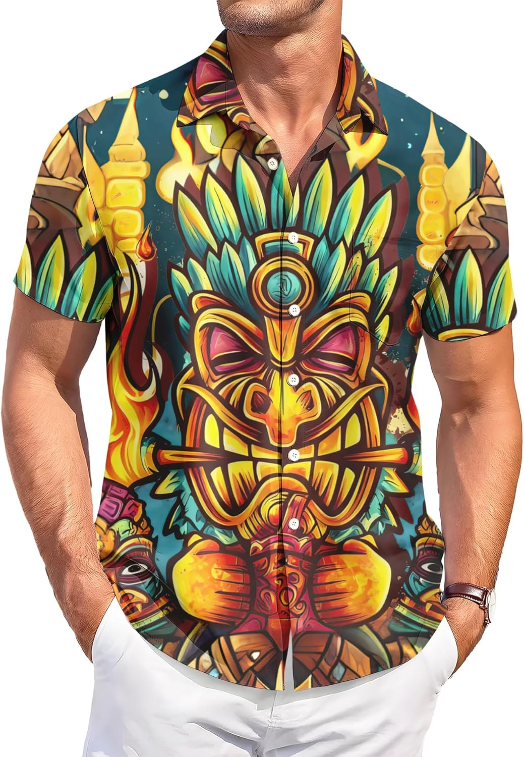 Men's Hawaiian Floral Print Button-Down Shirt, Tropical Floral Short Sleeve,Beach Party Shirt - Image 2