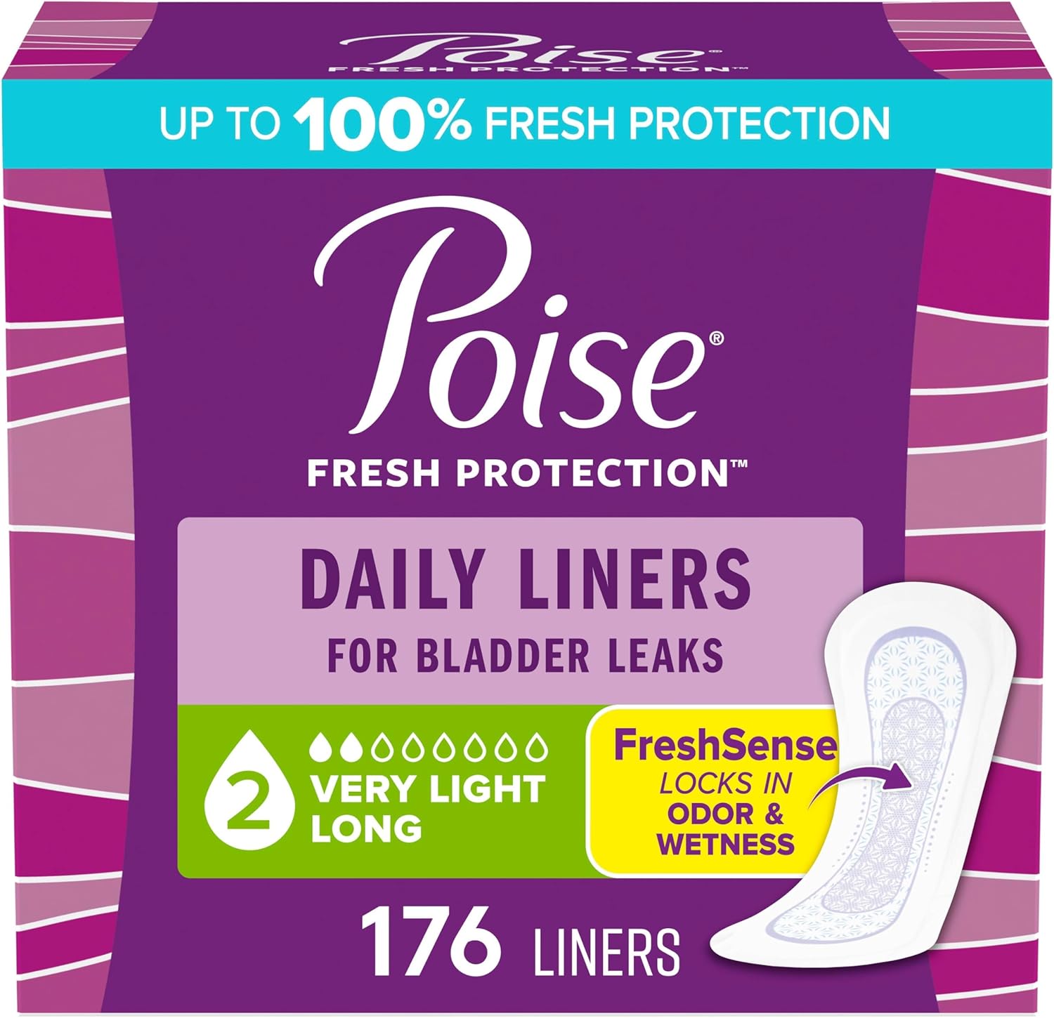 Poise Daily Liners, Incontinence Panty Liners for Bladder Leaks, 2 Drop Very Light Absorbency, Long Length, 176 Count of Pantiliners (4 Packs of 44), Packaging May Vary