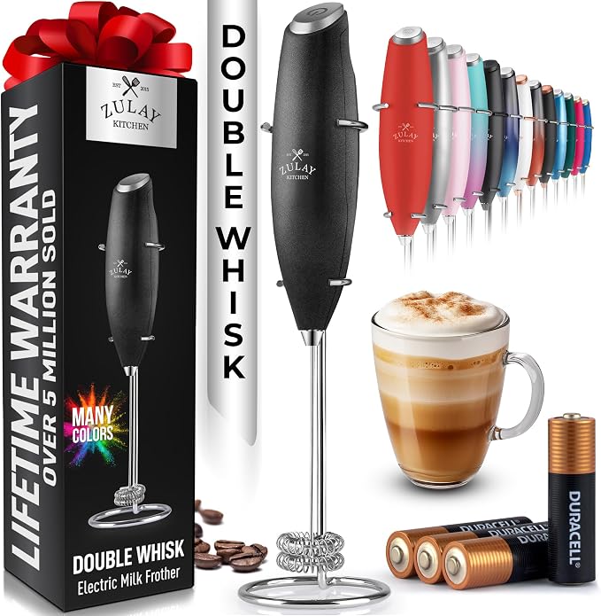 Zulay Kitchen Powerful Milk Frother Wand With 4 AA Duracell Batteries - Ultra Fast Handheld Drink Mixer - Electric Whisk Foam Maker for Coffee, Lattes, Cappuccino, Matcha & Creamer