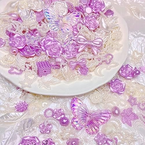 Miniatura 3 de 250 cuentas de resina 3D con parte trasera plana, lazos de flores de resina de color morado y blanco, cuentas de mariposa con cuentas de perlas