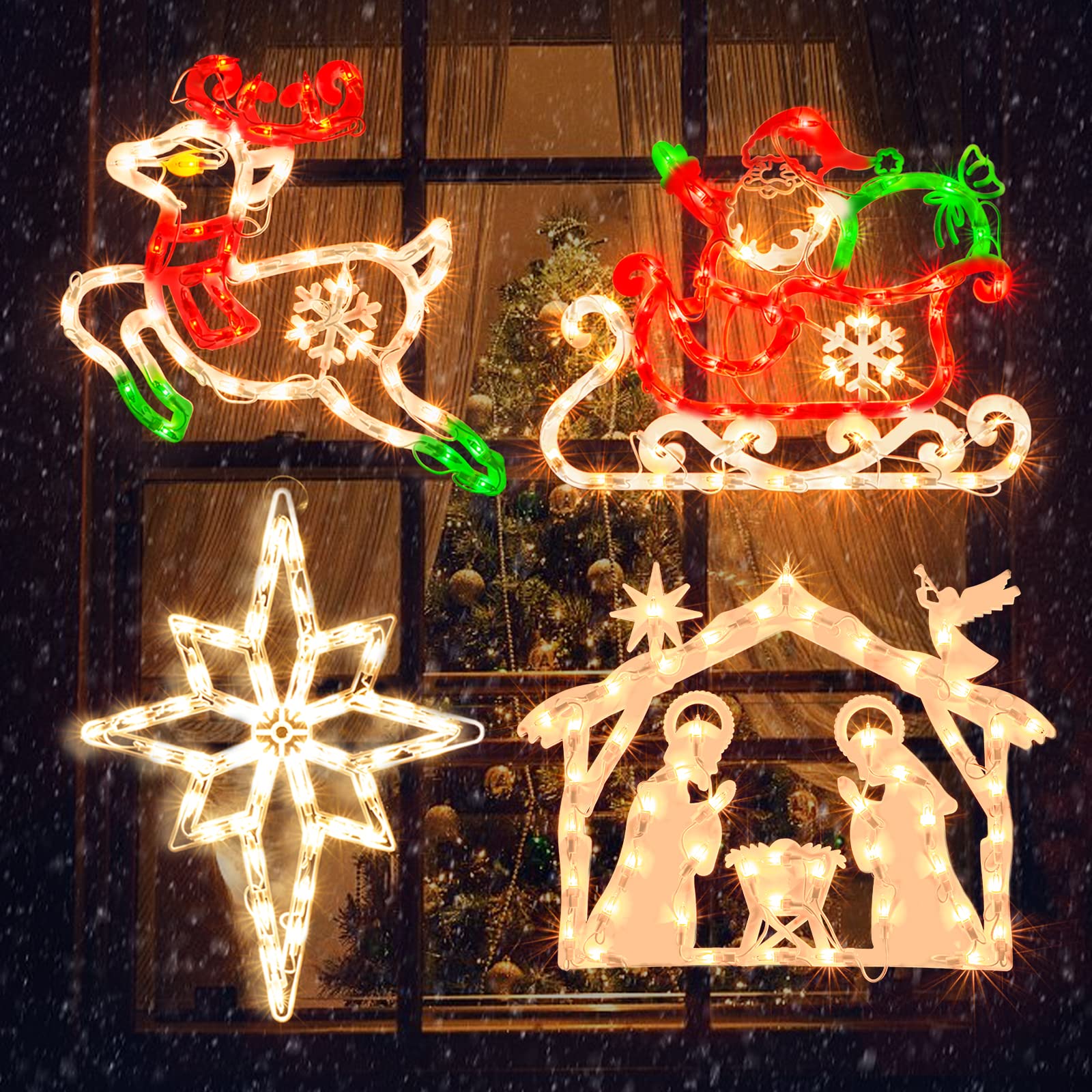 4 Stück 40,6 cm Weihnachts-Fenster-Silhouette-Lichter, Dekoration, 50 l Weihnachts-Skulptur, einschließlich: 1 x Hirsch, 1 x Weihnachtsmann und Schlitten, 1 x Krippen, 1 x Bethlehem-Stern