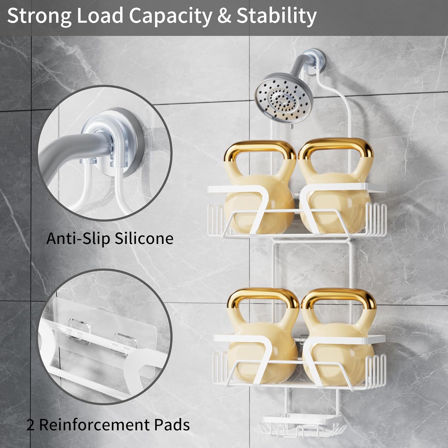 DAOYA White Shower Organizer Hanging - 2 Over The Shower Head Caddies + Soap Dish, Stainless Steel Rust-Free Bath Organizer