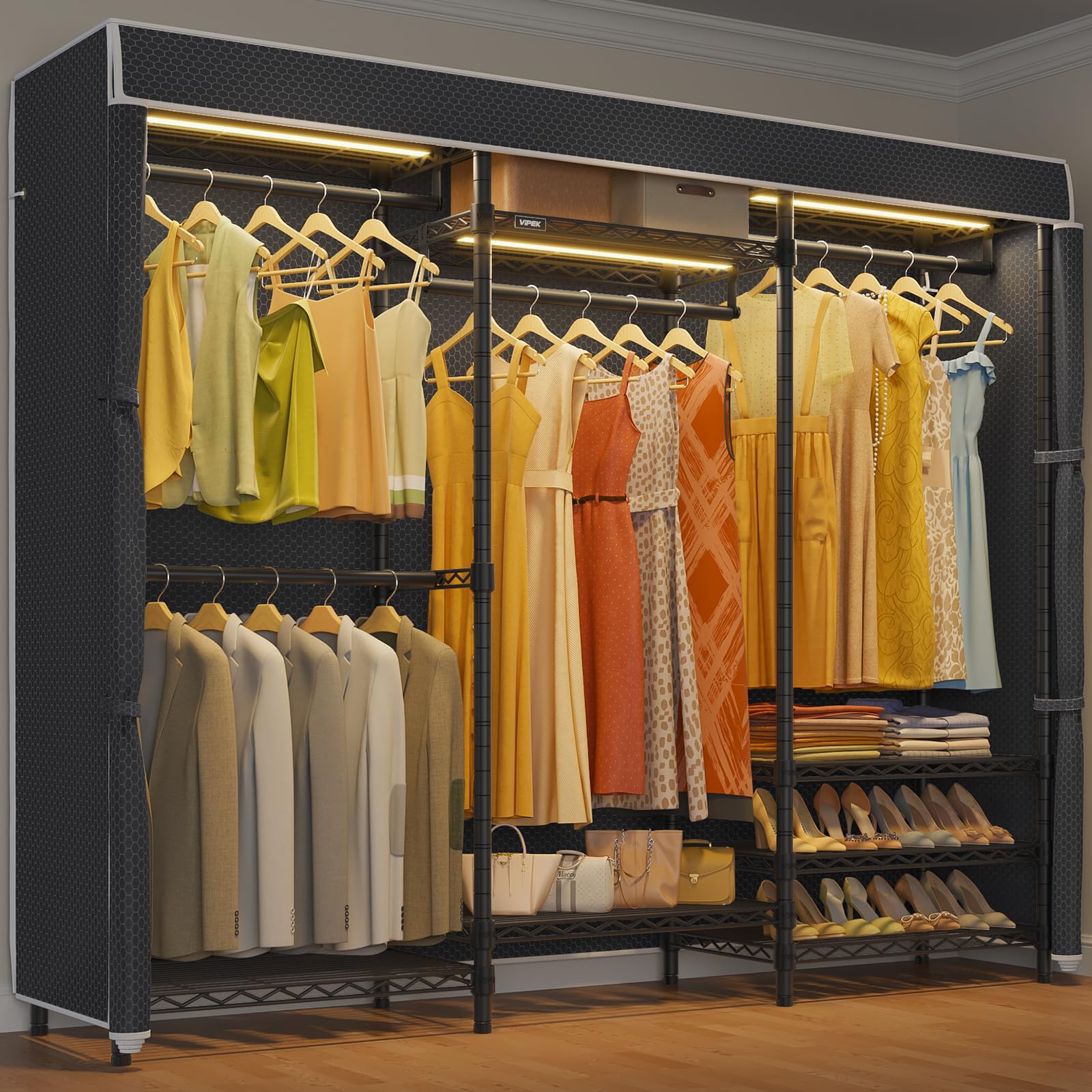 VIPEK V5LC Garment Rack Heavy Duty Covered Clothes Racks with Dimmable LED Light 3000K Warm White Portable Closet