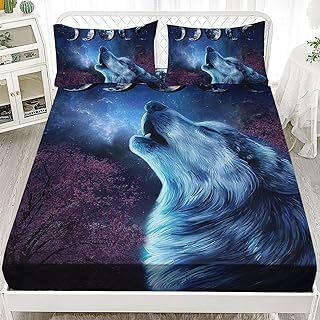 XYNHML Wolf Bed Sheet Set Galaxy Night Moon Bedding Set Howling Wolf Down Lunar Eclipse Bed Set for Kids Teens Room Decor Wild Animals Bed Cover with 2 Pillowcases