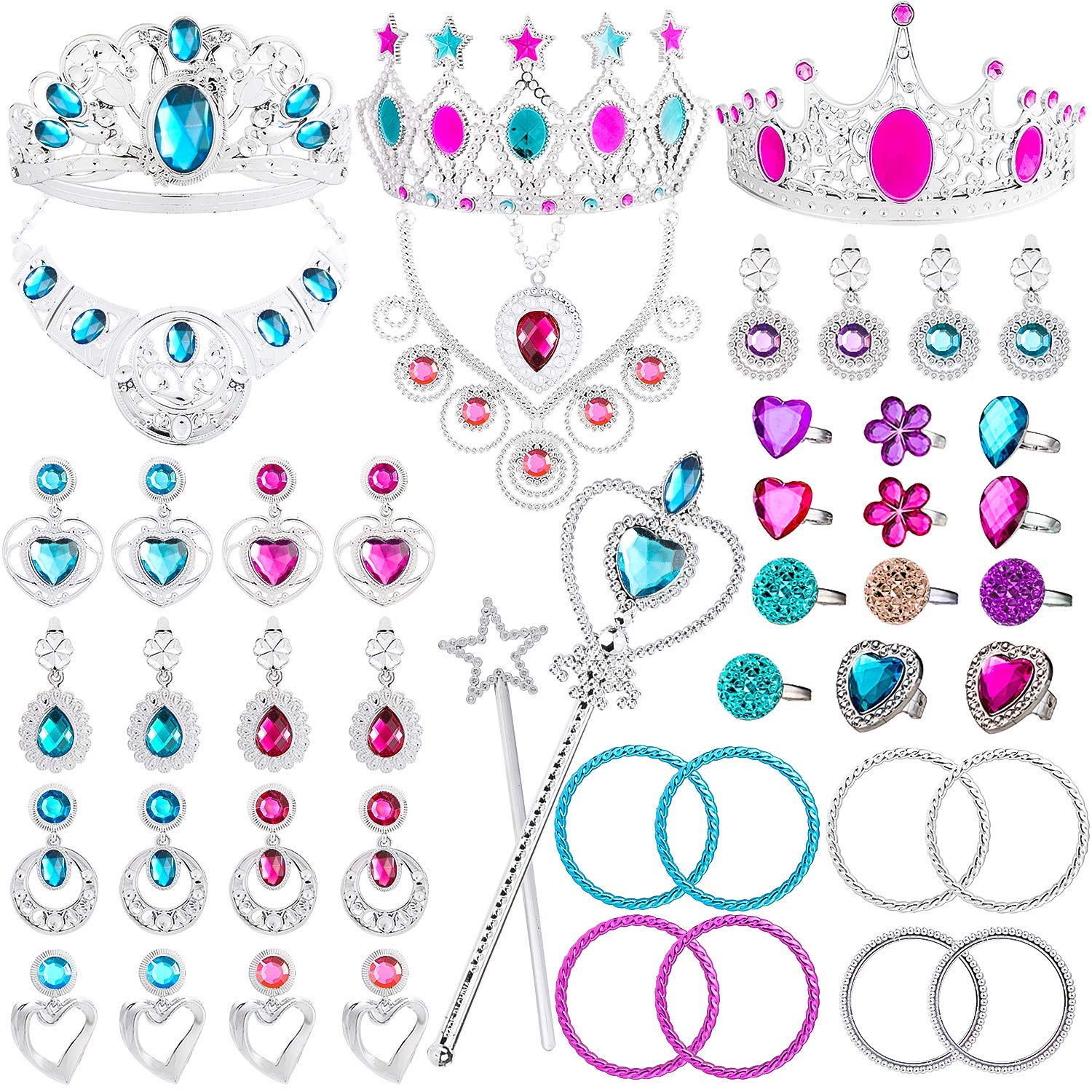 WATINC 46Pack Princess Pretend Jewelry Toy,Girl’s Jewelry Dress Up Play Set,Included Crowns, Necklaces,Wands, Rings,Earrings and Bracelets,46 Pack