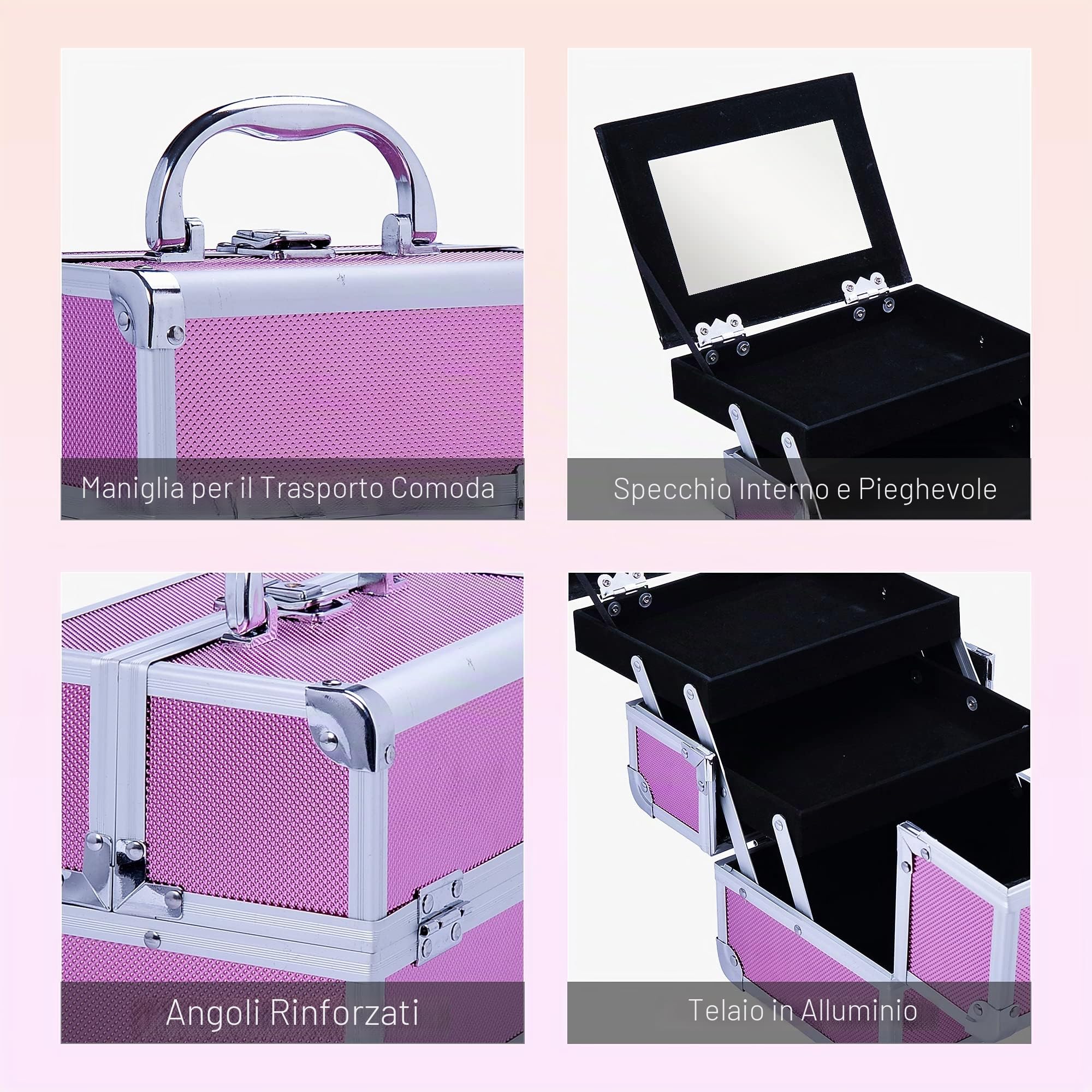 HOMCOM Valigetta trucco professionale portatile 20x15x15 cm Rosa | Valigetta cosmetici, vassoi a 3 livelli, specchio, 2 chiavi, per gioielli, manicure, viaggio