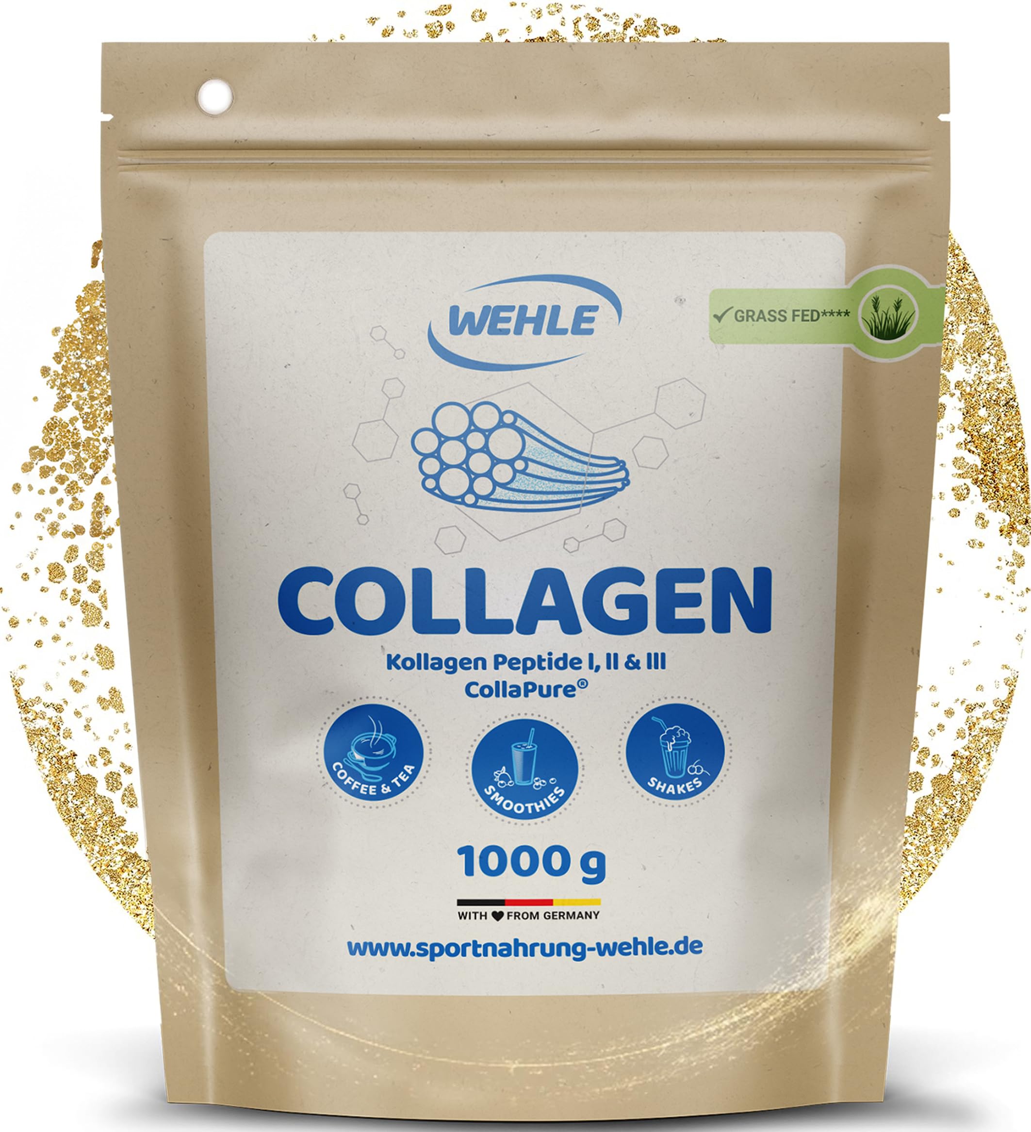 Collagene in Polvere 1000 g – Peptidi di Collagene Idrolizzato Tipi I, II e III (CollaPure®) – Colageno Bovino Grass Fed – Gusto Neutro – Prodotto in Germania – Wehle Sports Collagen