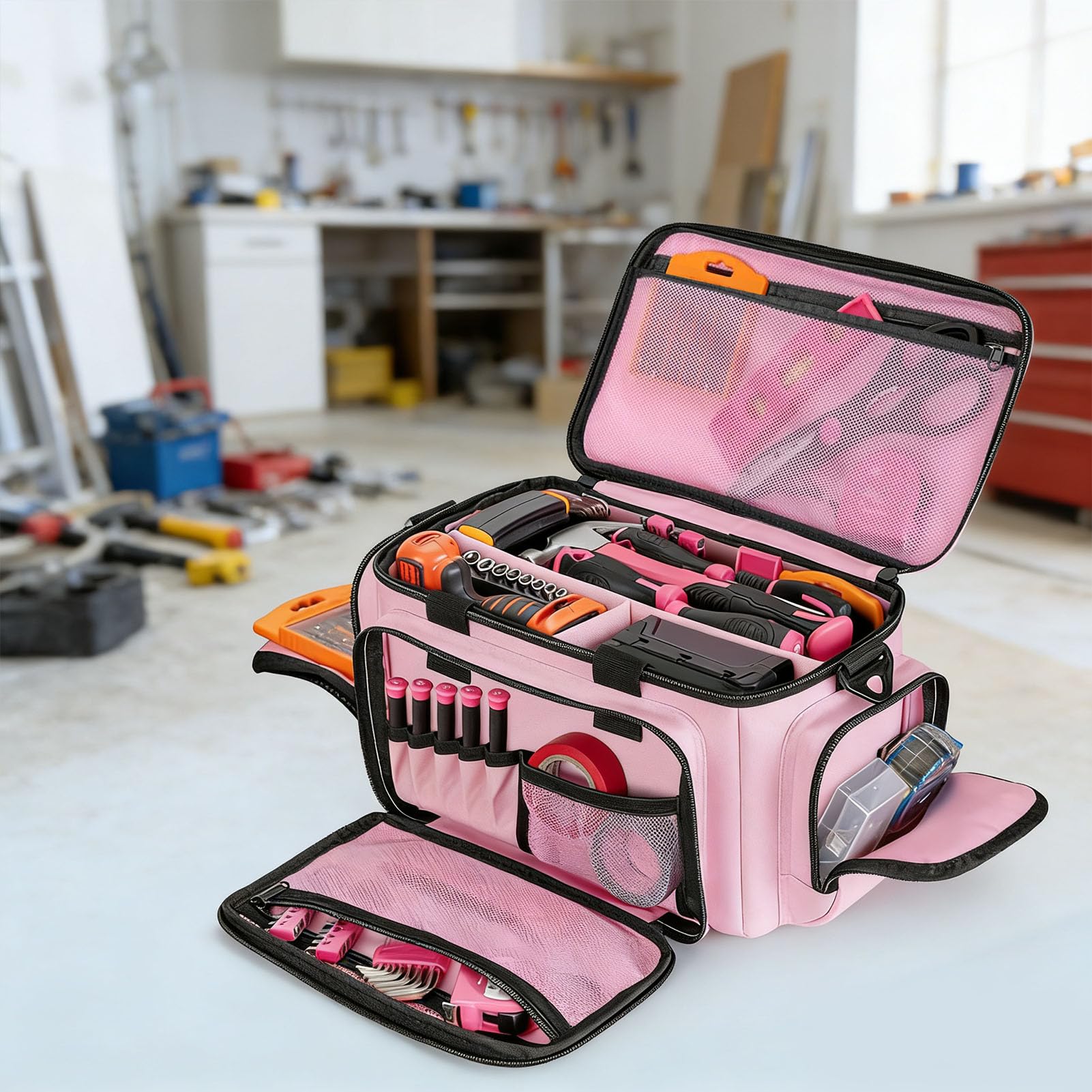 Sac à Outils Rose 33cm, Ouverture Large Nylon Léger | Compartiments Multi-usages pour Outils, Accès Rapide sans Fouiller, Bandoulière Réglable Confortable, Pour Électriciens et Pr