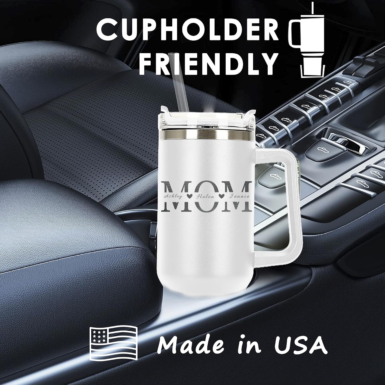 Mom Mama Personalized Laser Engraved 40 oz Large Tumbler with Handle, Straw & Lid, Mothers Day Gifts, Double Wall Vacuum Travel Mug for Birthday,Customized Coffee Cup,Travel Coffee Mugs