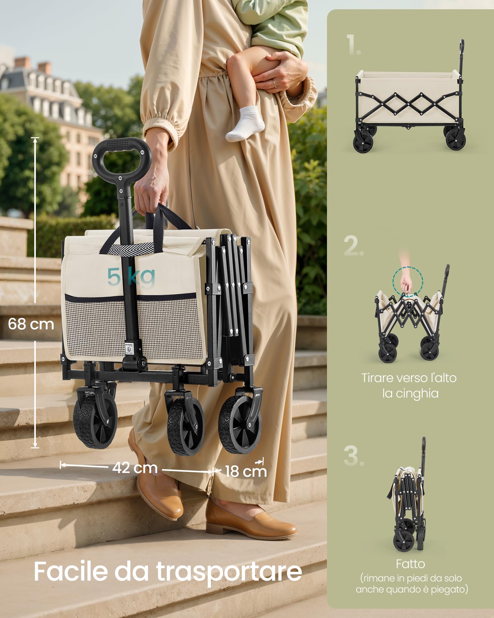 SONGMICS Carrello da Spiaggia Pieghevole 90 L 180 kg con Ruote Beige Sabbia